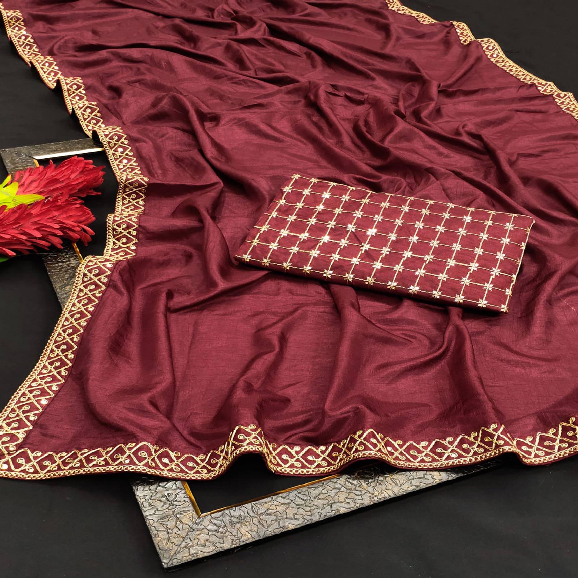 Burgundy  Partywear Coding Lace Border Dola Silk Saree - Peachmode