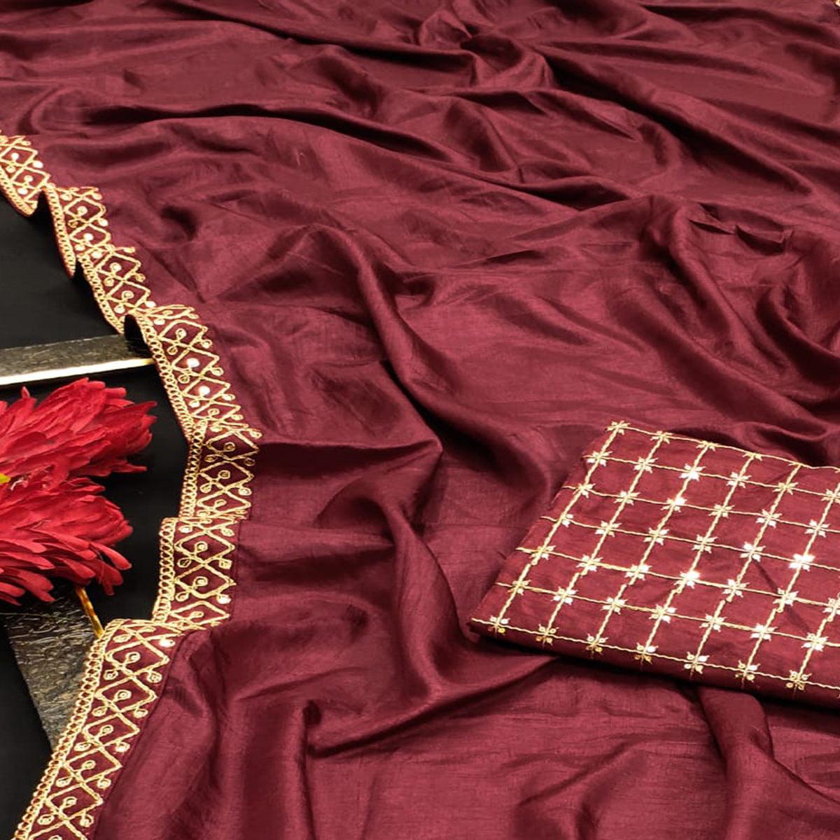 Burgundy  Partywear Coding Lace Border Dola Silk Saree - Peachmode