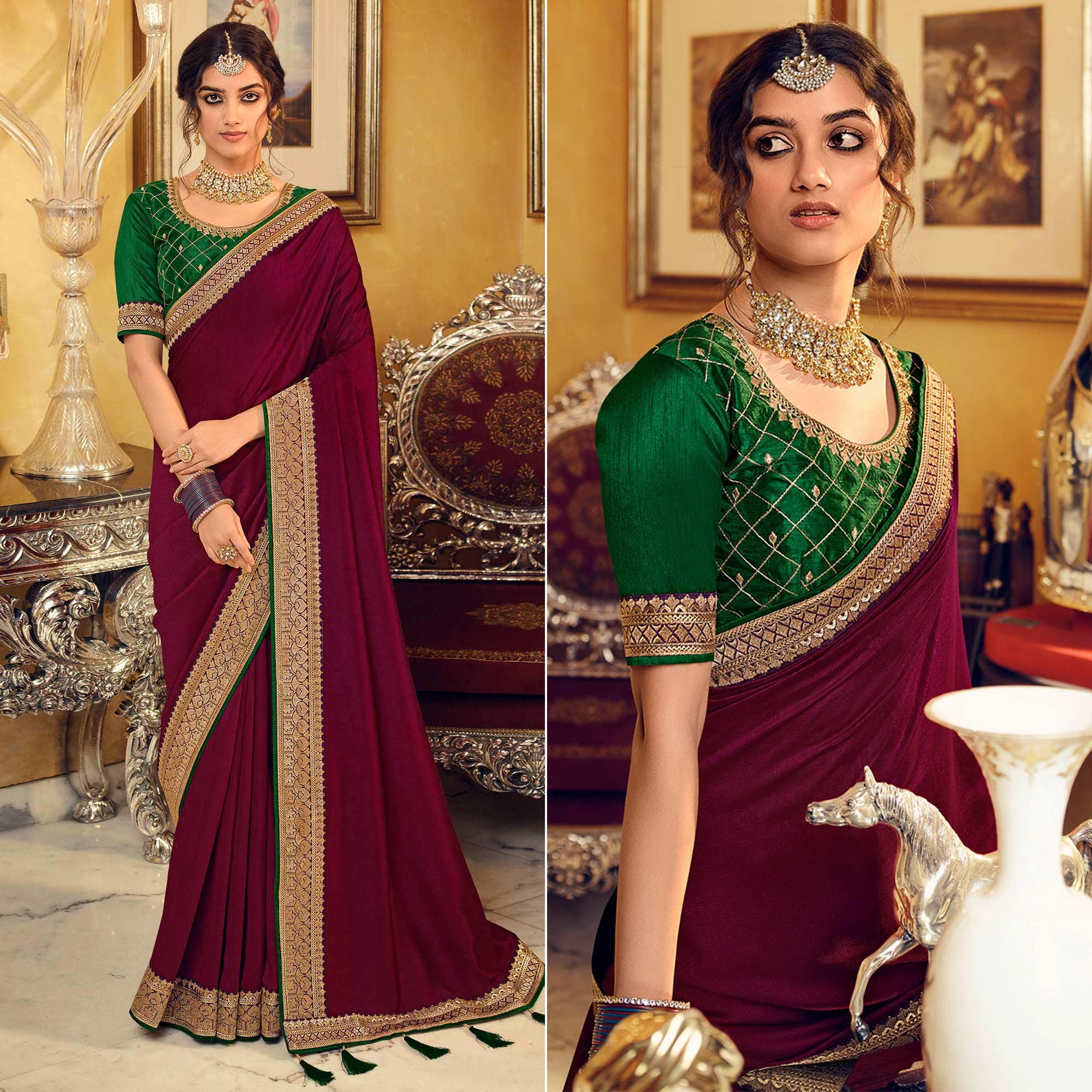 Burgundy Partywear Embroidered Silk Saree - Peachmode