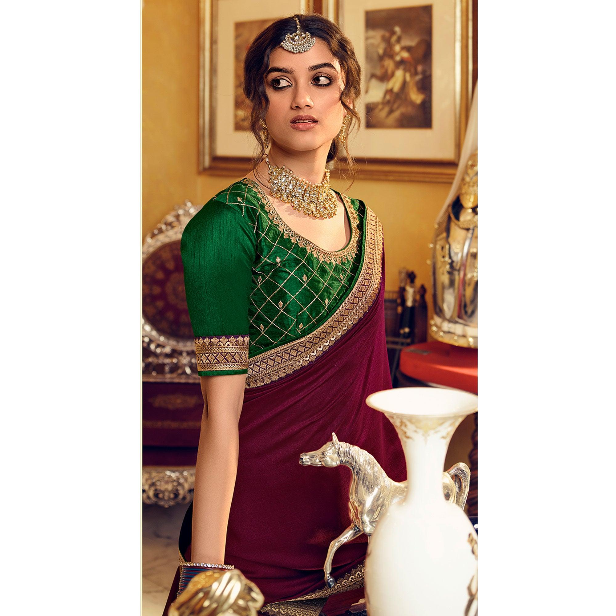 Burgundy Partywear Embroidered Silk Saree - Peachmode