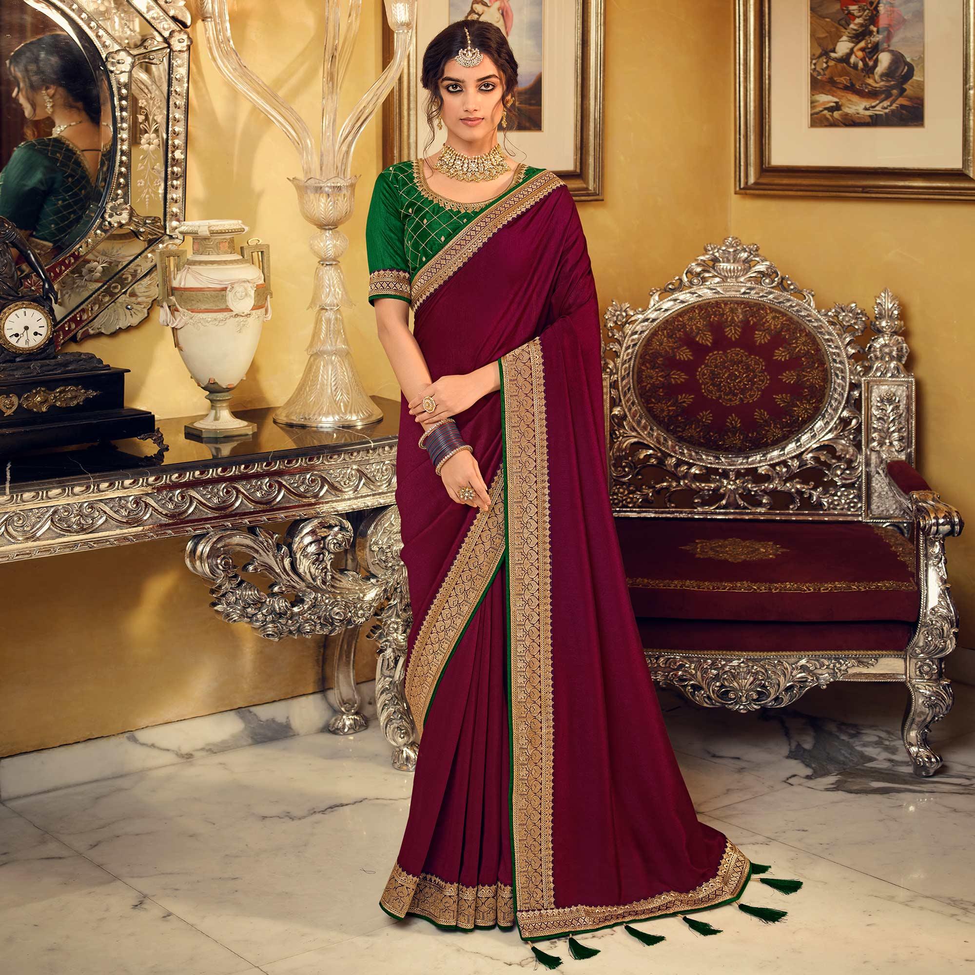 Burgundy Partywear Embroidered Silk Saree - Peachmode