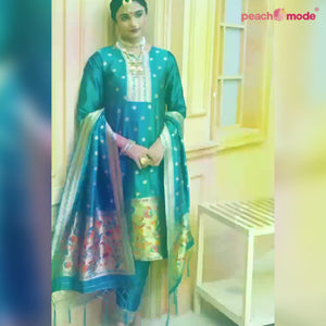 Green Floral Woven Tapetta Silk Salwar Suit