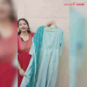 Blue Floral Embroidered Pure Cotton Crosia Border Anarkali Suit