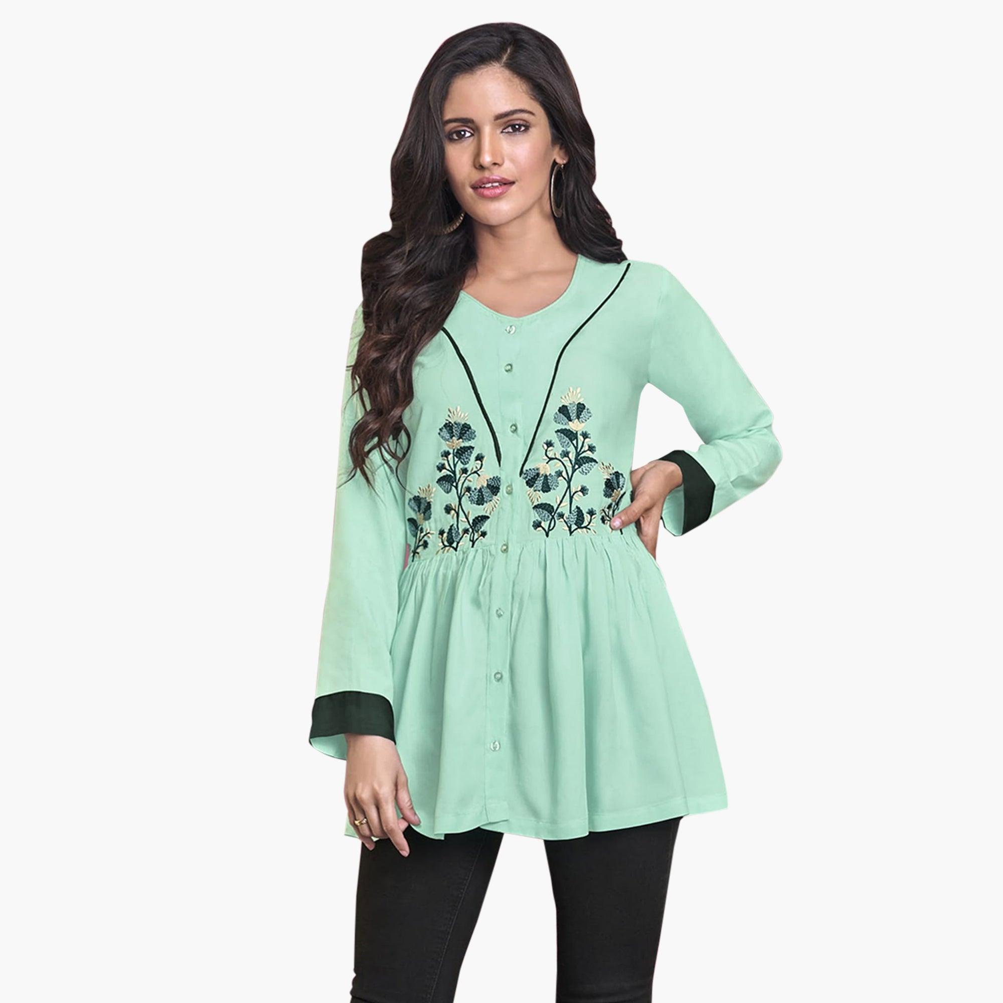 Capricious Aqua Green Colored Partywear Embroidered Rayon Western Top - Peachmode