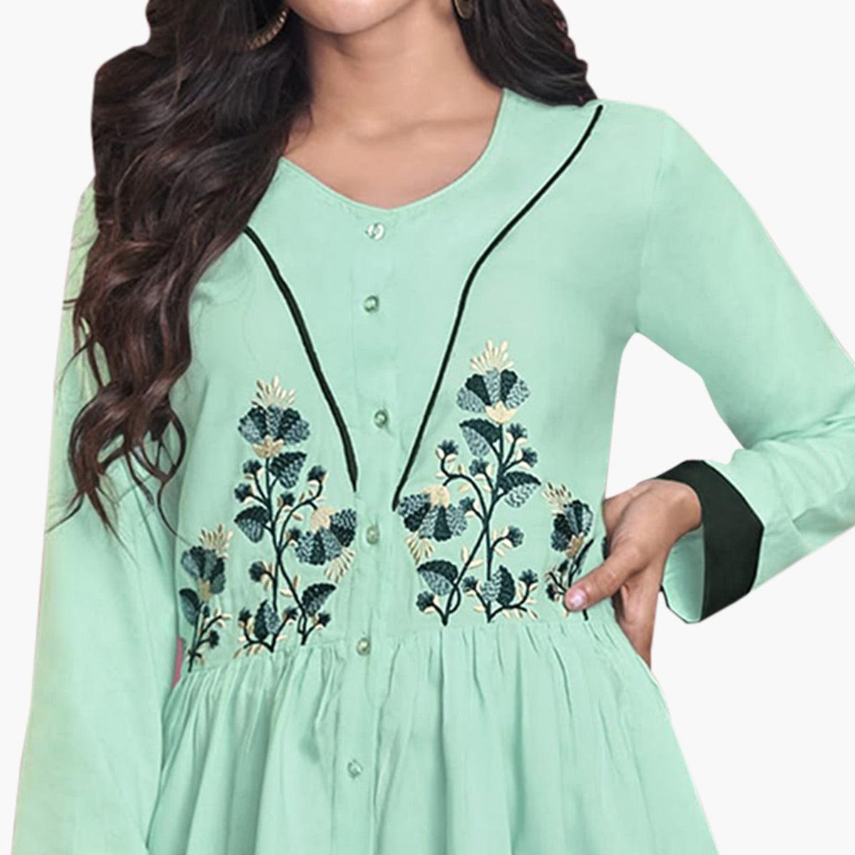Capricious Aqua Green Colored Partywear Embroidered Rayon Western Top - Peachmode