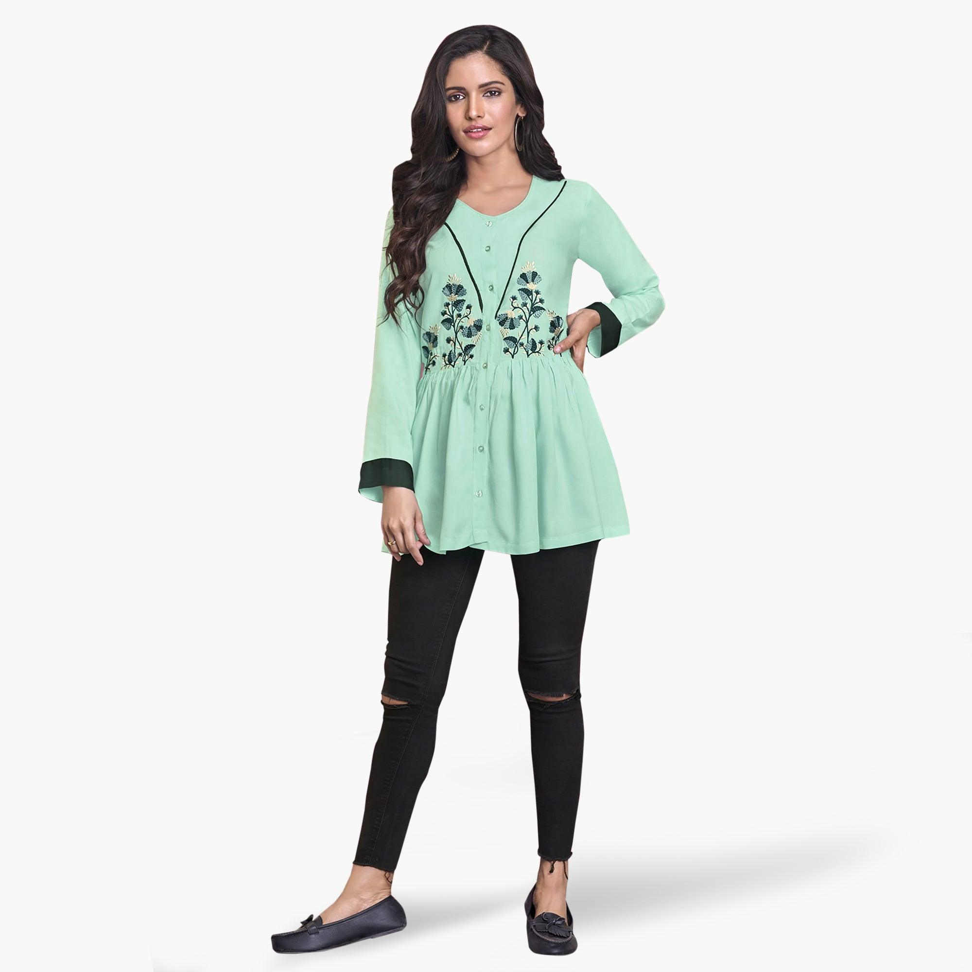 Capricious Aqua Green Colored Partywear Embroidered Rayon Western Top - Peachmode
