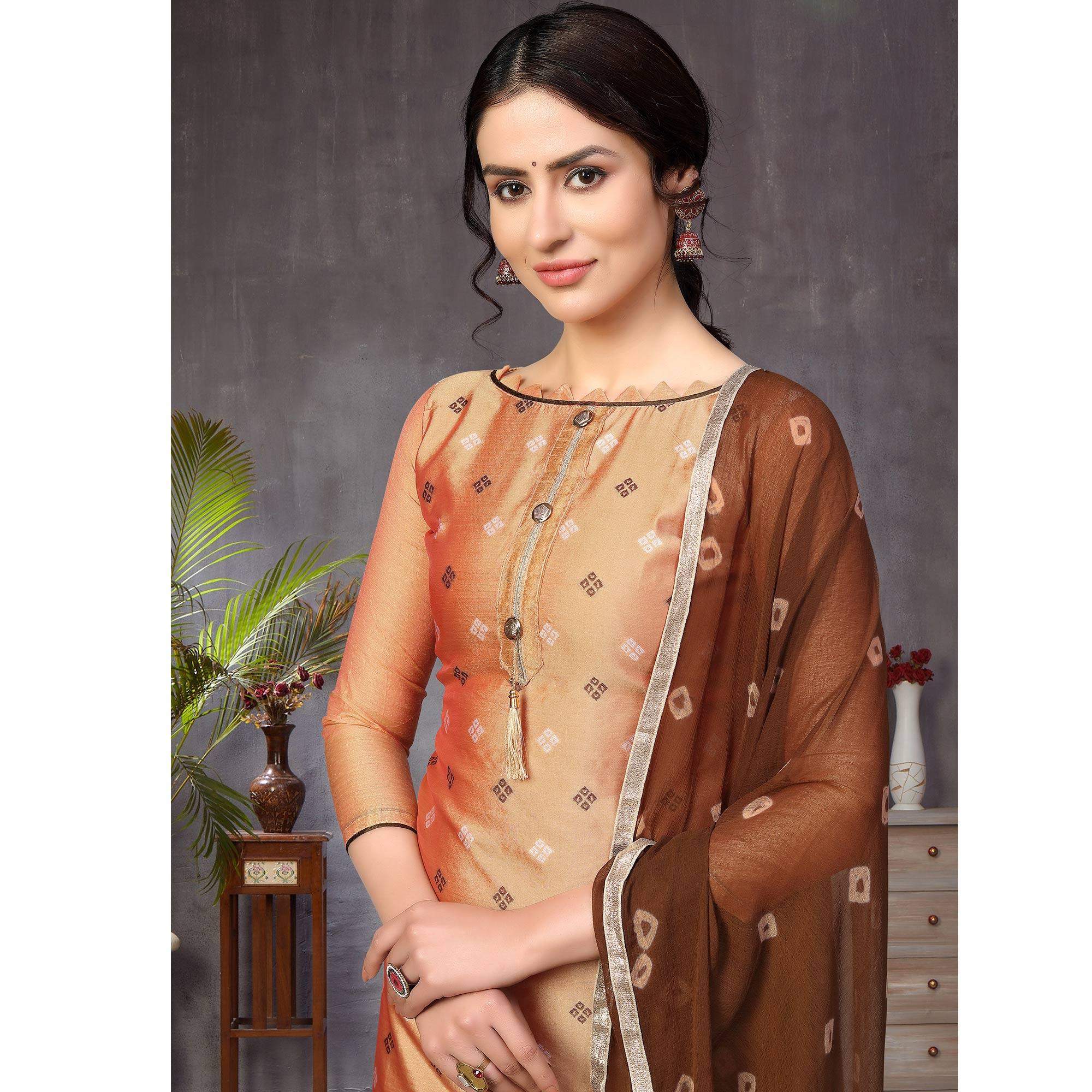 Capricious Beige Colored Festive Wear Woven Heavy Banarasi Silk Dress Material - Peachmode