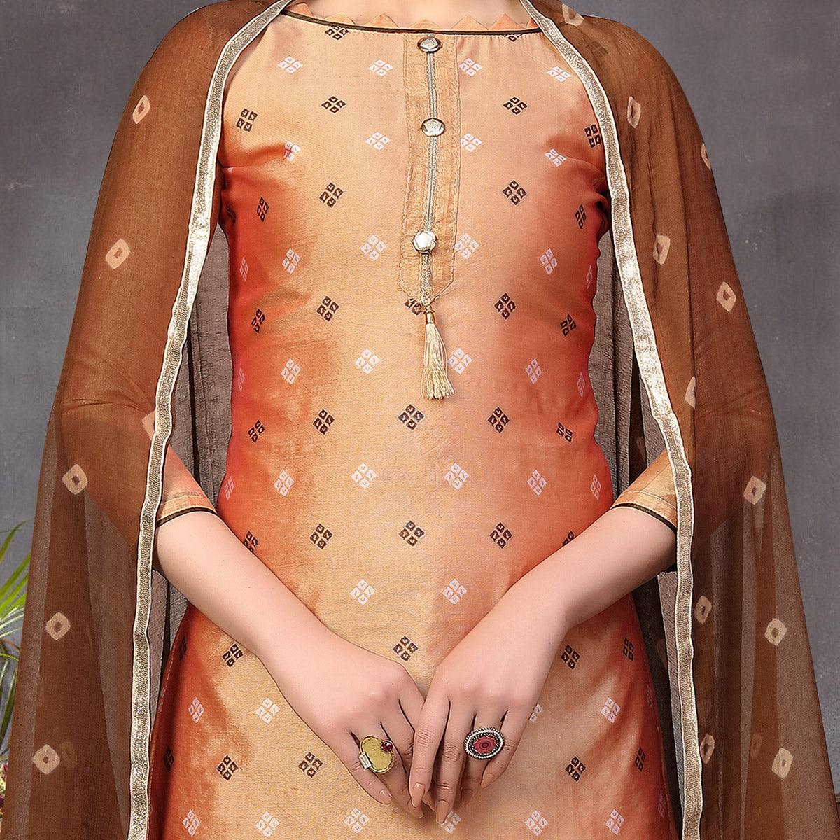 Capricious Beige Colored Festive Wear Woven Heavy Banarasi Silk Dress Material - Peachmode