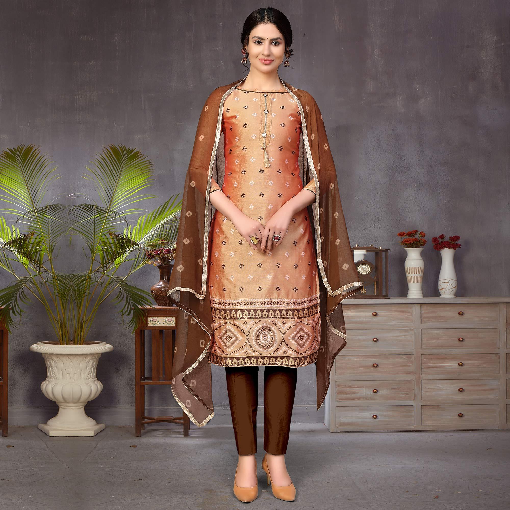 Capricious Beige Colored Festive Wear Woven Heavy Banarasi Silk Dress Material - Peachmode