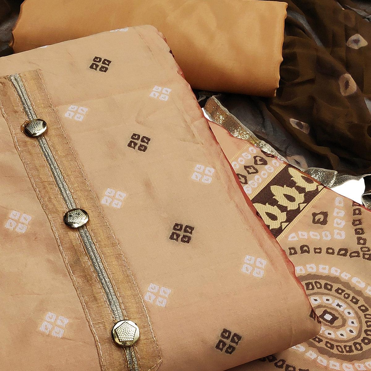 Capricious Beige Colored Festive Wear Woven Heavy Banarasi Silk Dress Material - Peachmode