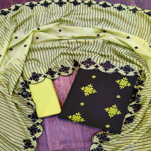 Capricious Black - Green Colored Casual Wear Embroidered Kota Chex Dress Material - Peachmode