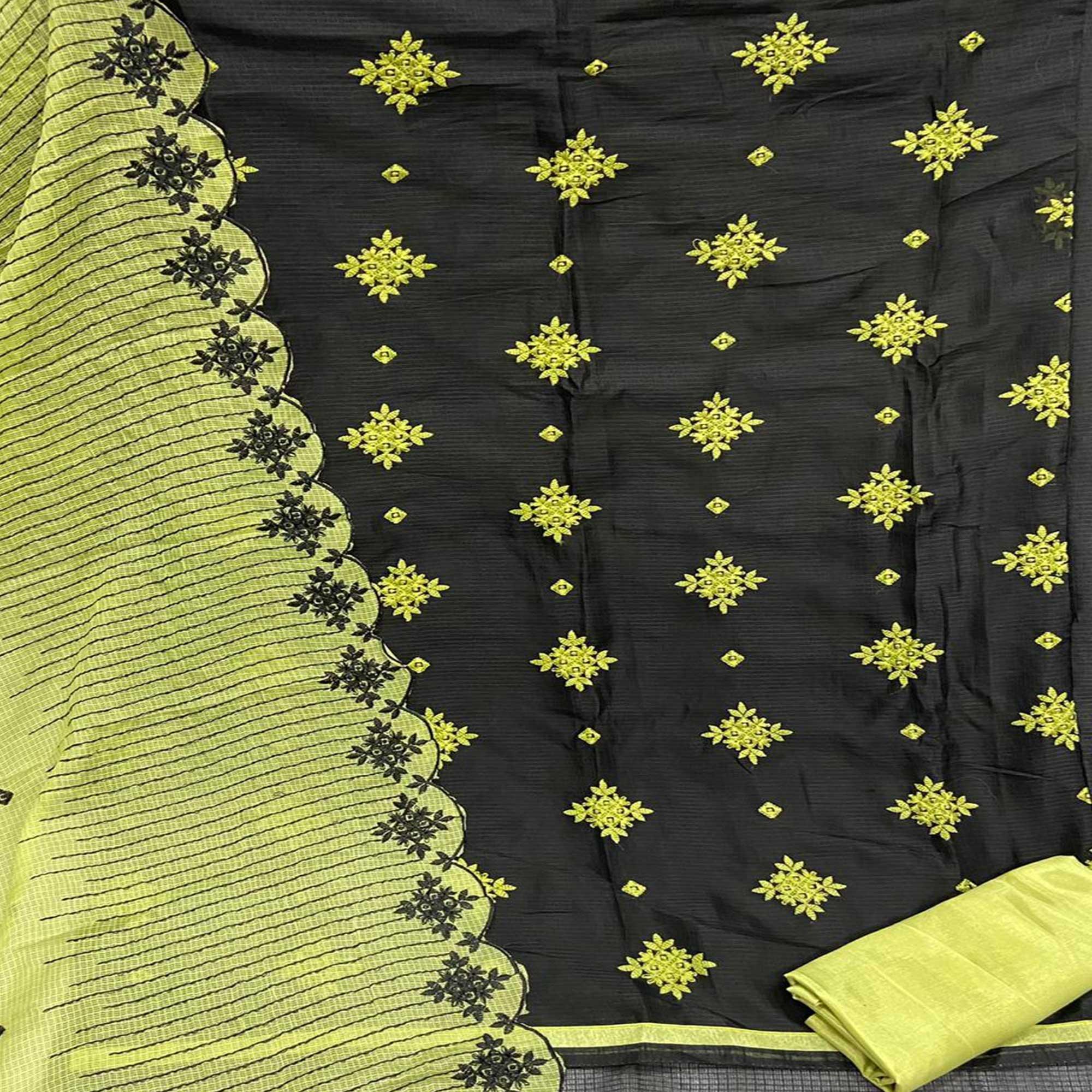 Capricious Black - Green Colored Casual Wear Embroidered Kota Chex Dress Material - Peachmode