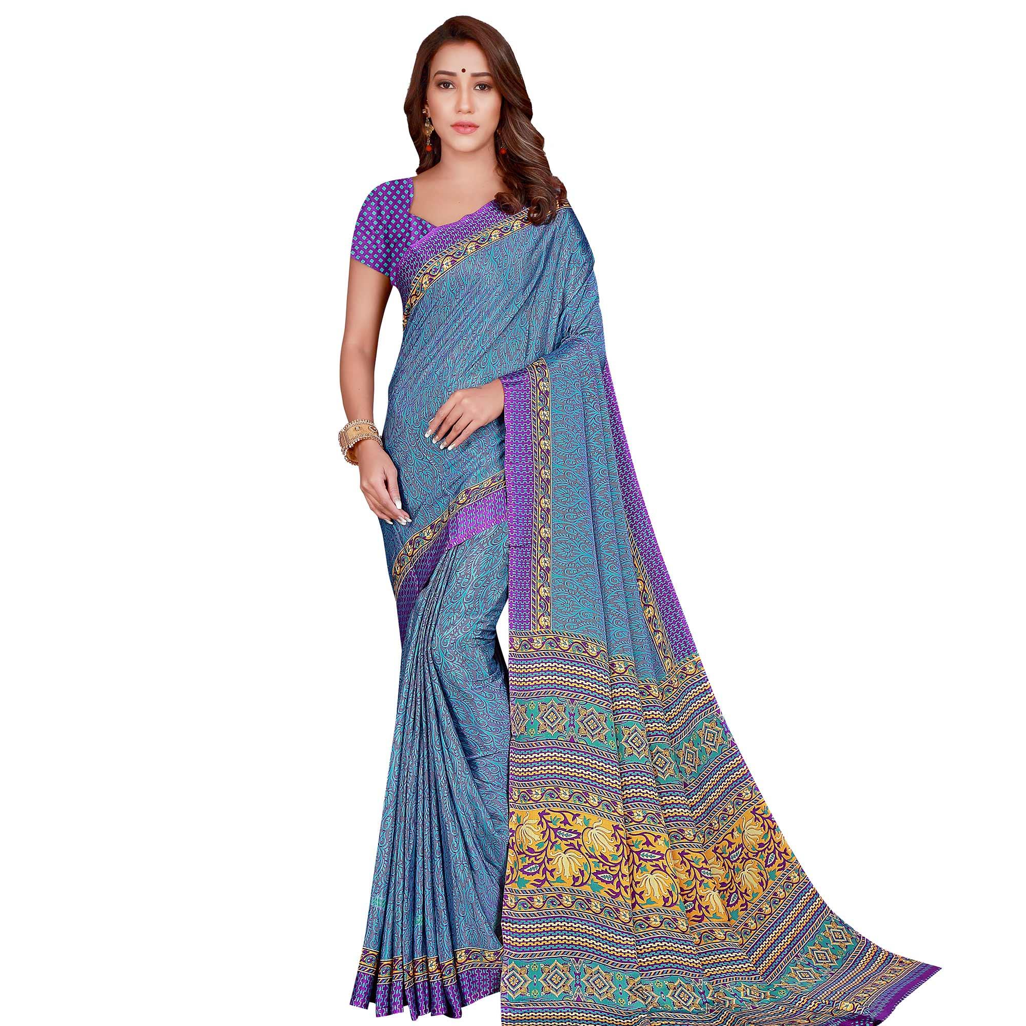 Capricious Blue Colored Casual Wear Printed Silk Crepe Saree - Peachmode