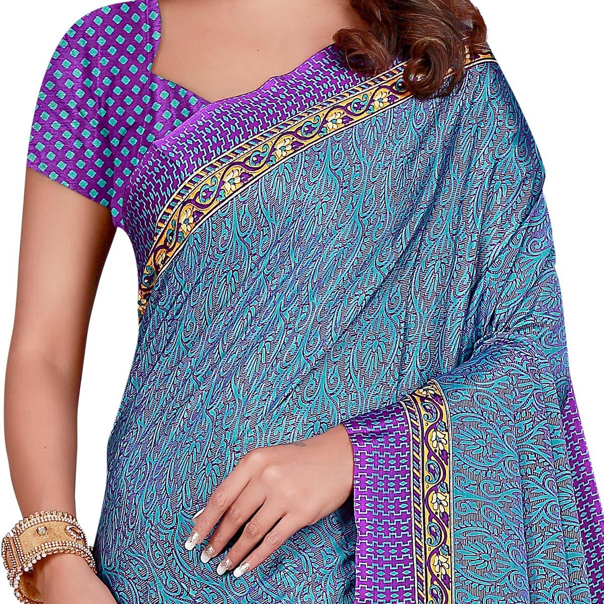Capricious Blue Colored Casual Wear Printed Silk Crepe Saree - Peachmode