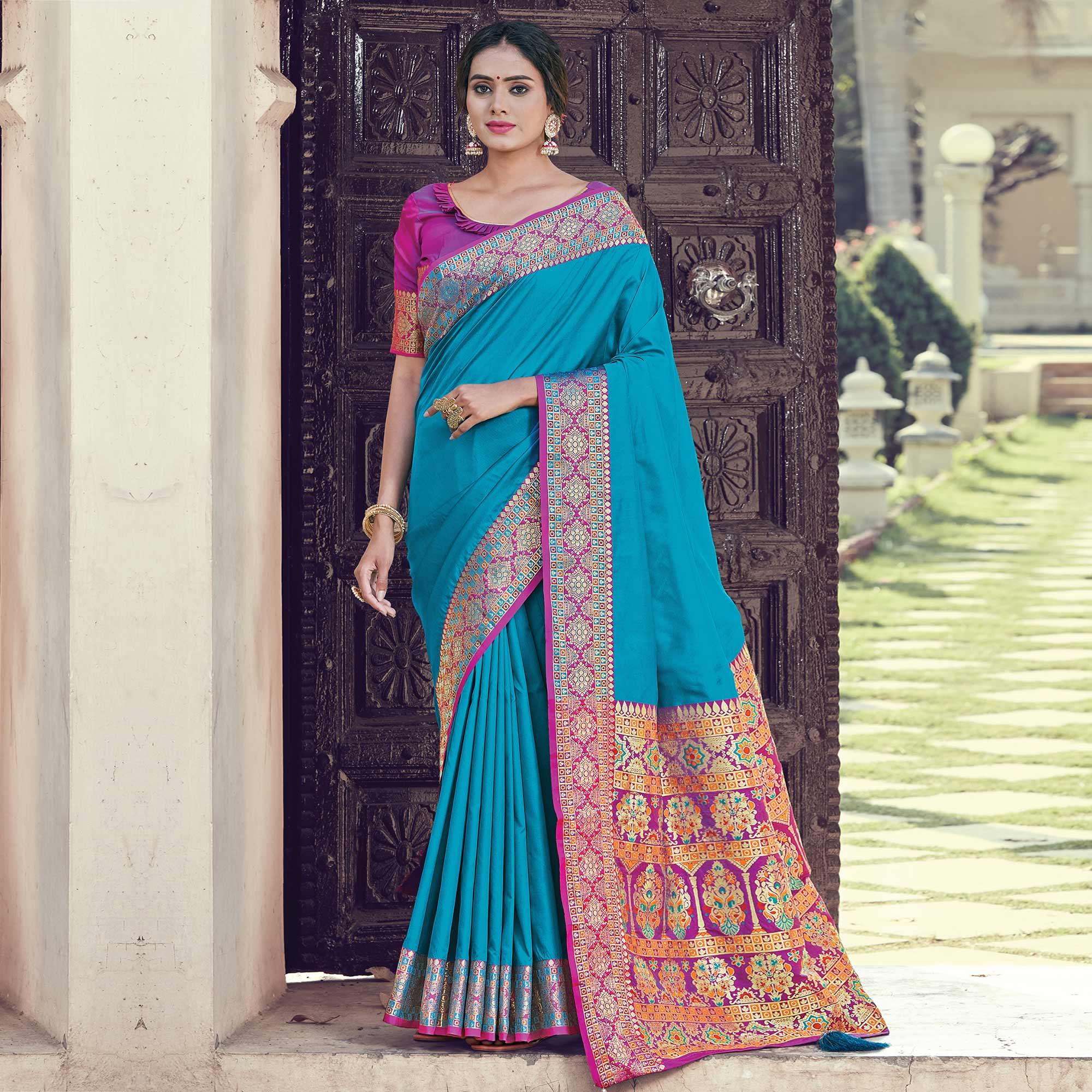Capricious Blue Coloured Partywear Woven Silk Saree - Peachmode