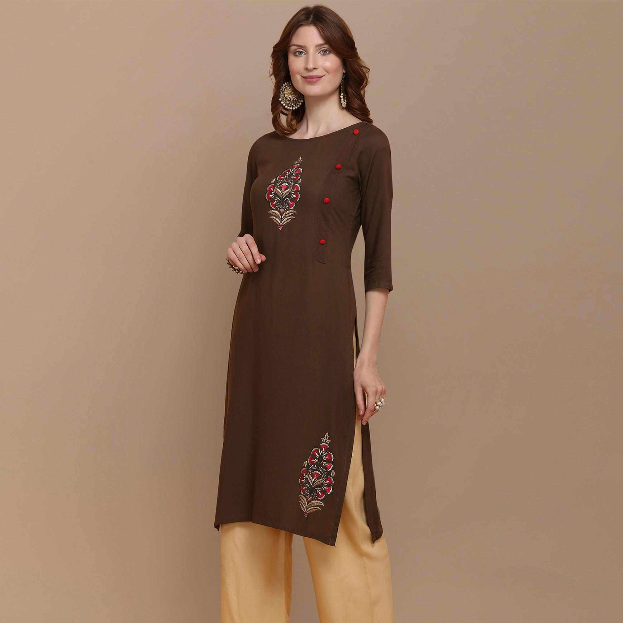 Capricious Brown Colored Partywear Embroidered Rayon Kurti - Peachmode