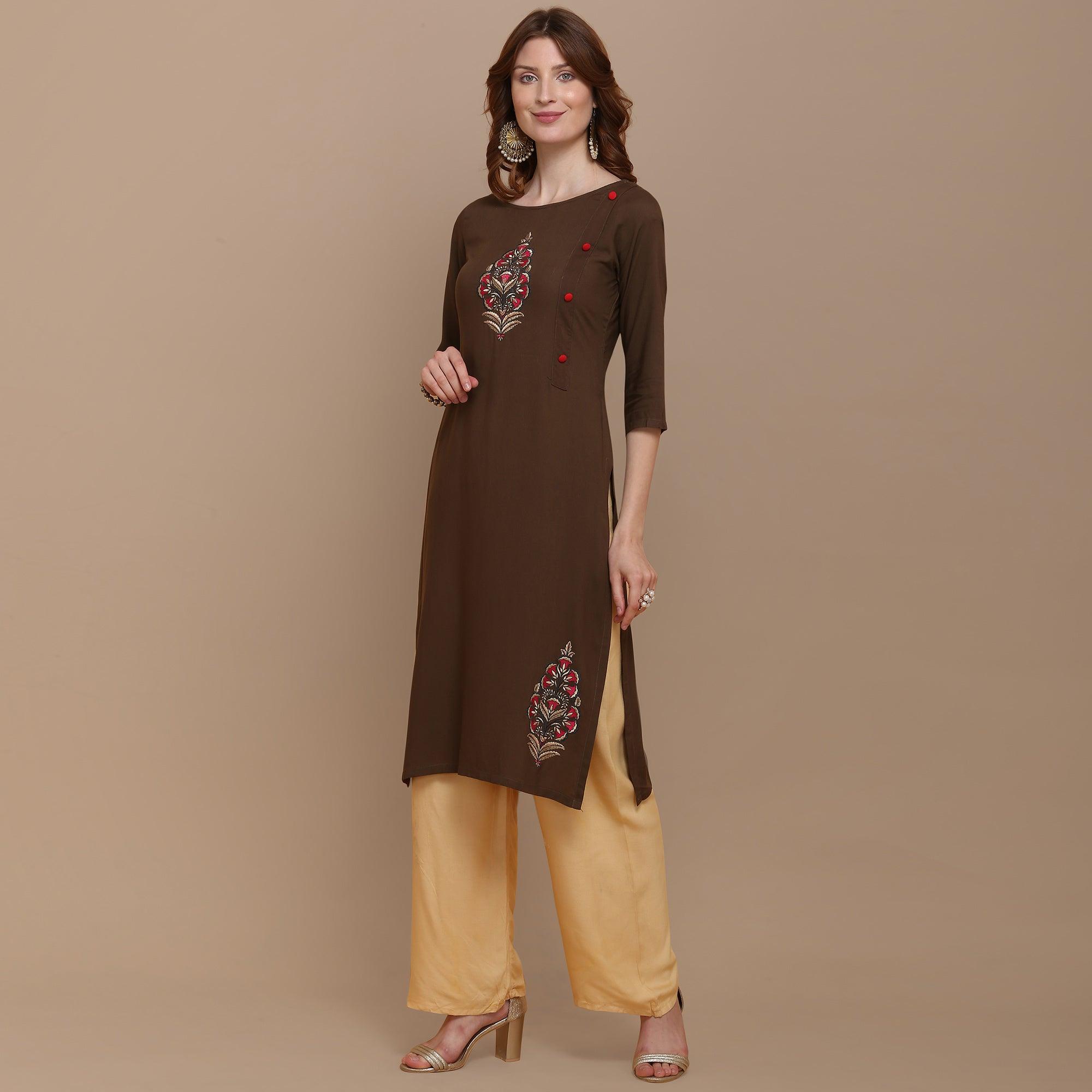 Capricious Brown Colored Partywear Embroidered Rayon Kurti - Peachmode