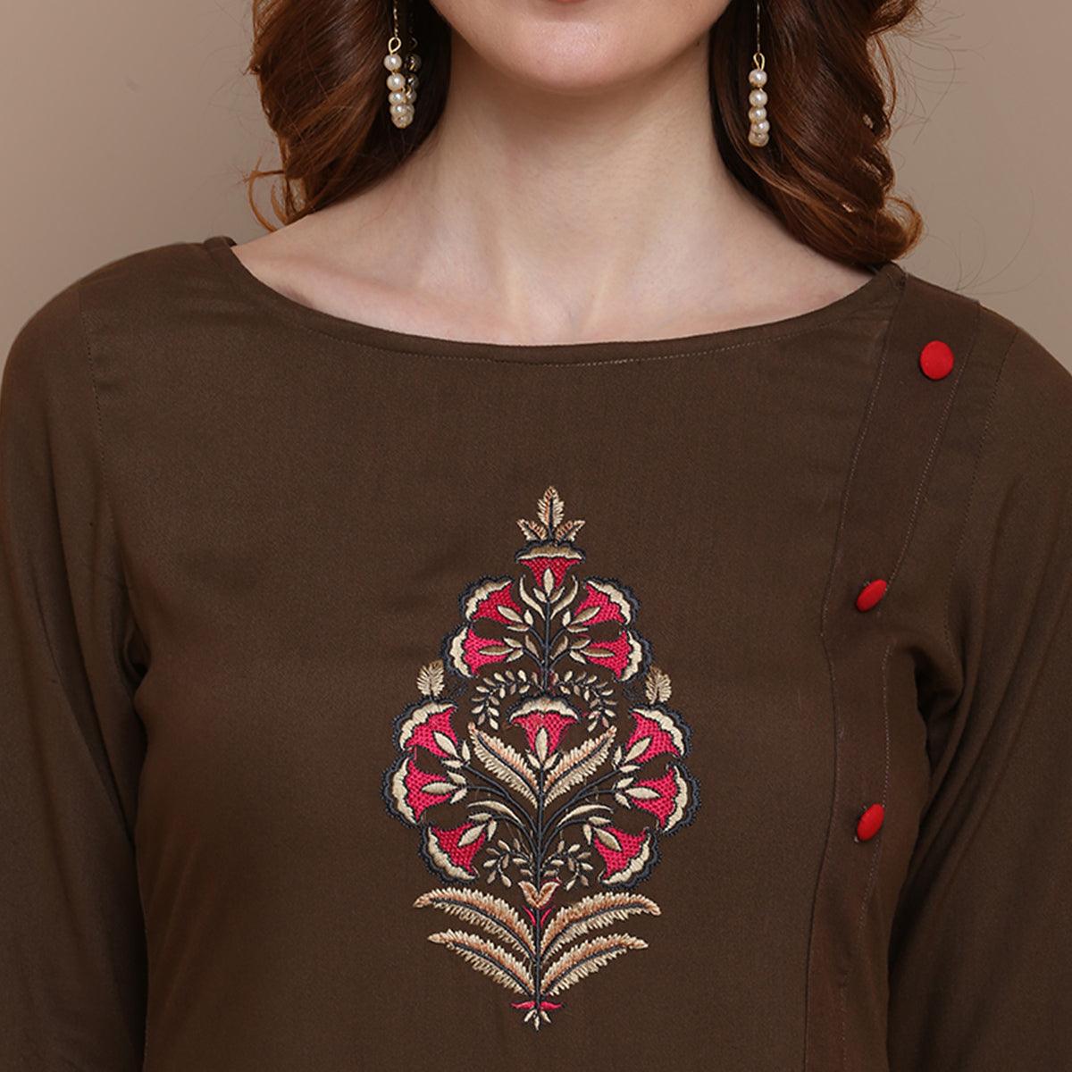 Capricious Brown Colored Partywear Embroidered Rayon Kurti - Peachmode