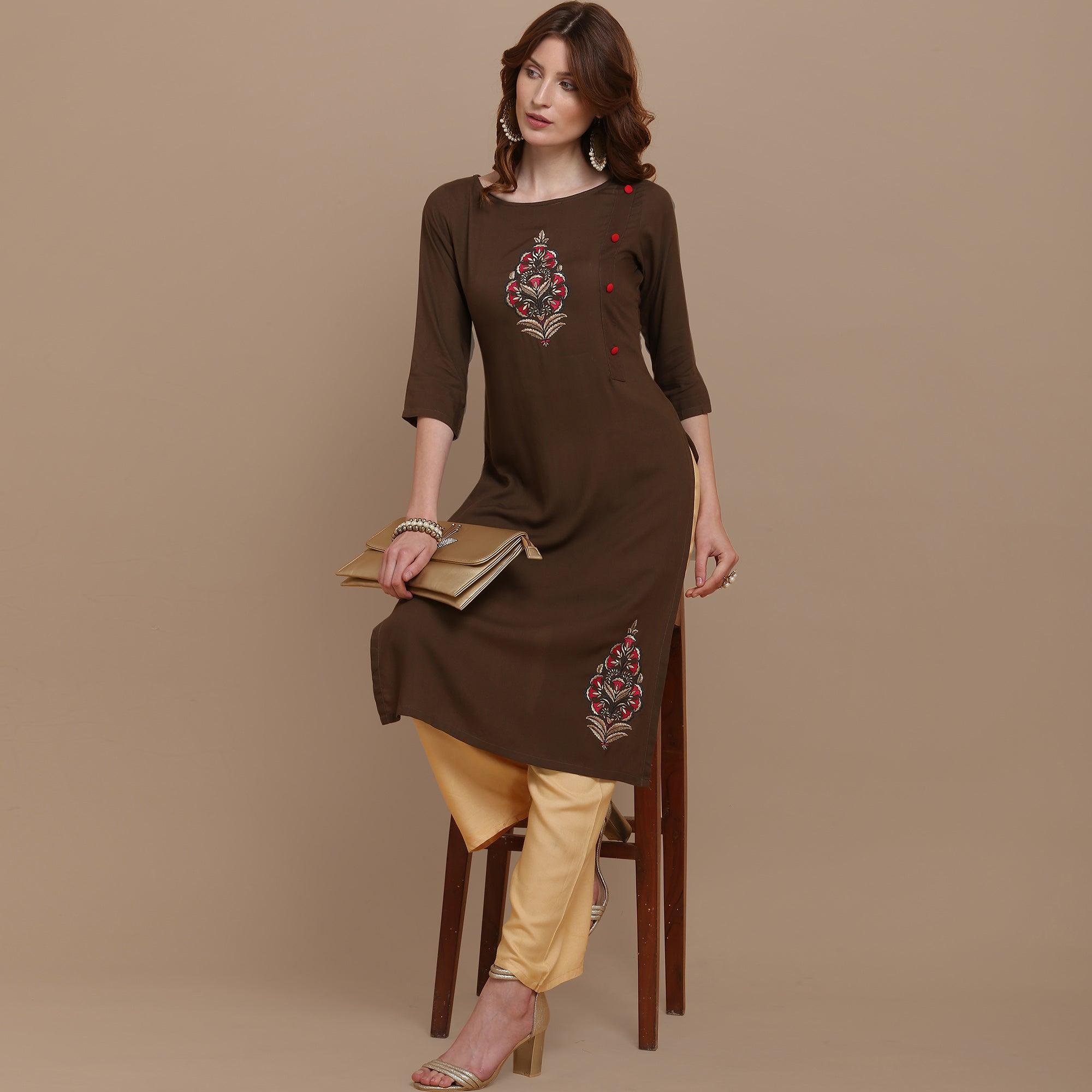 Capricious Brown Colored Partywear Embroidered Rayon Kurti - Peachmode