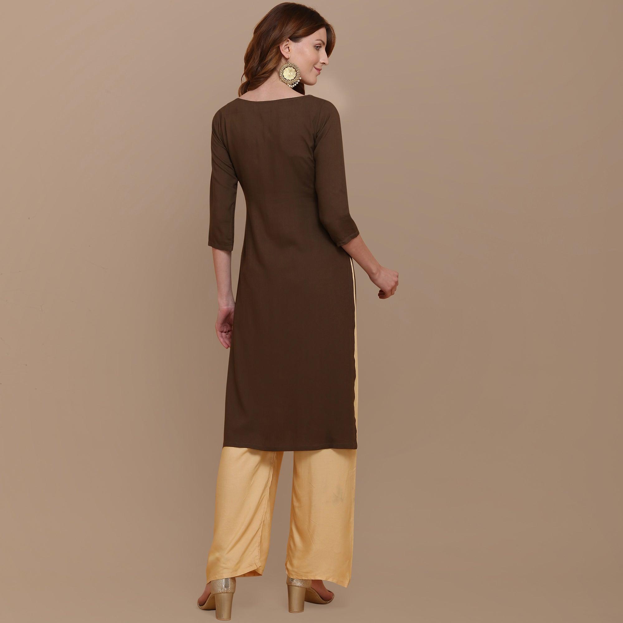 Capricious Brown Colored Partywear Embroidered Rayon Kurti - Peachmode