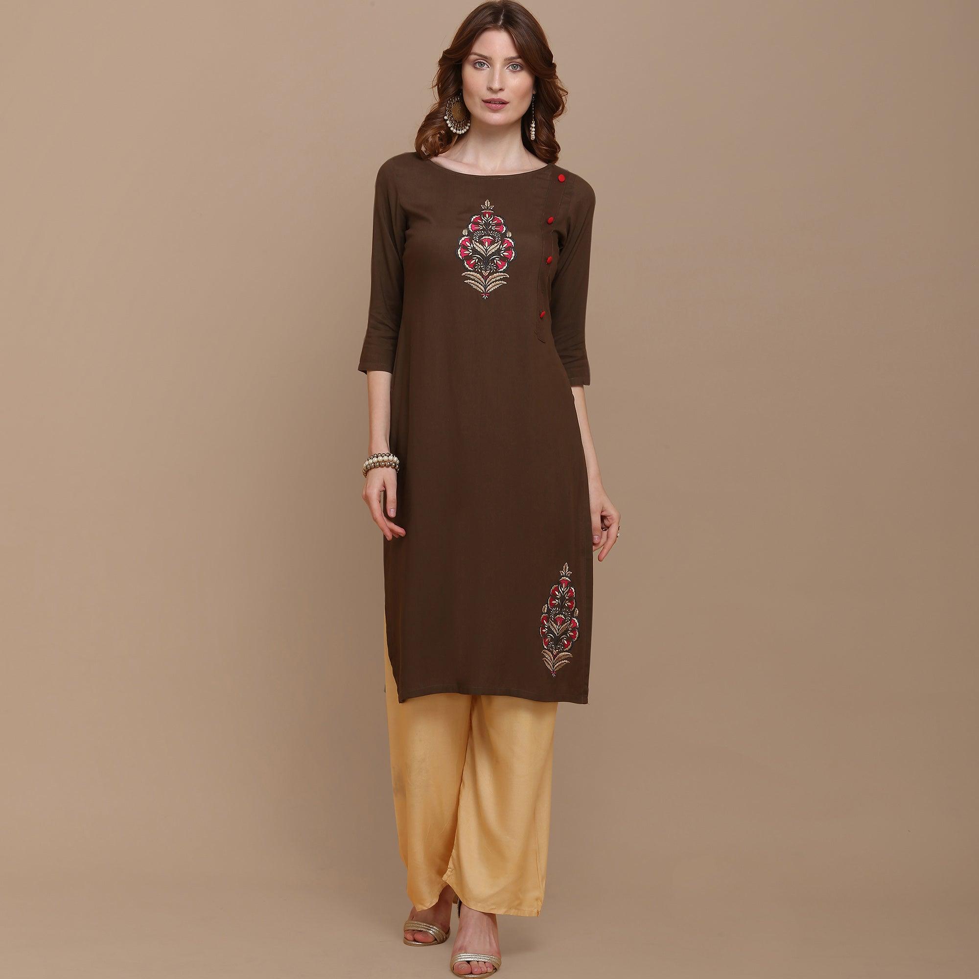 Capricious Brown Colored Partywear Embroidered Rayon Kurti - Peachmode