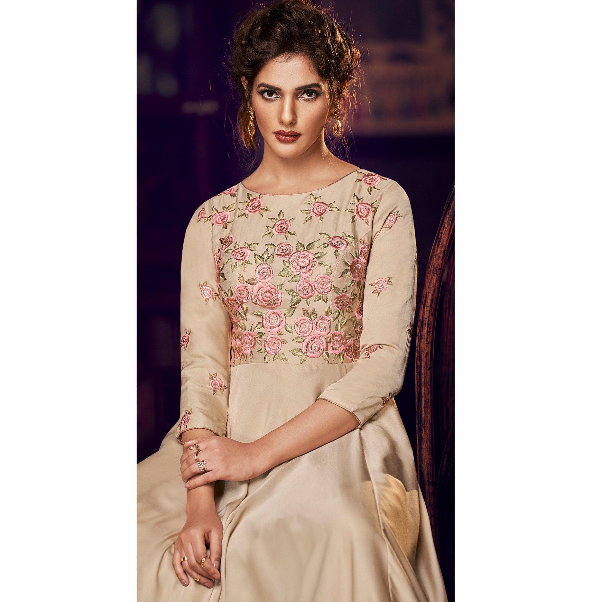 Capricious Chiku Colored Partywear Embroidered Modal Satin Gown With Dupatta - Peachmode