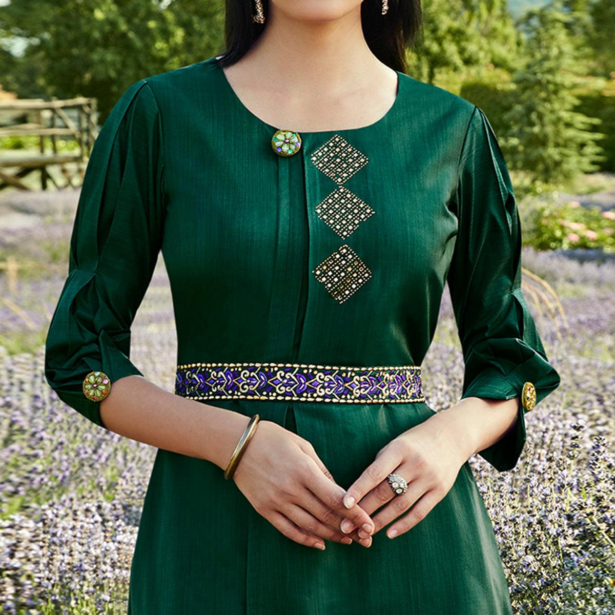Capricious Dark Green Colored Partywear Embroidered Silk-Cotton Slub Gown - Peachmode