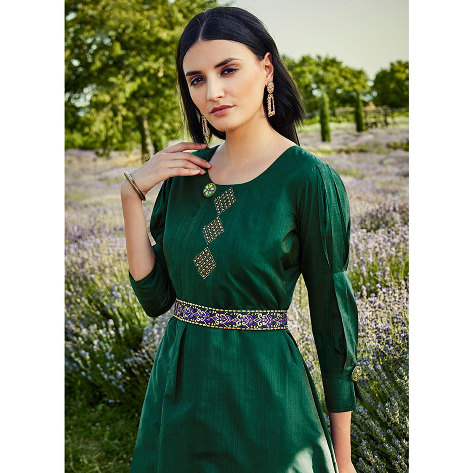 Capricious Dark Green Colored Partywear Embroidered Silk-Cotton Slub Gown - Peachmode