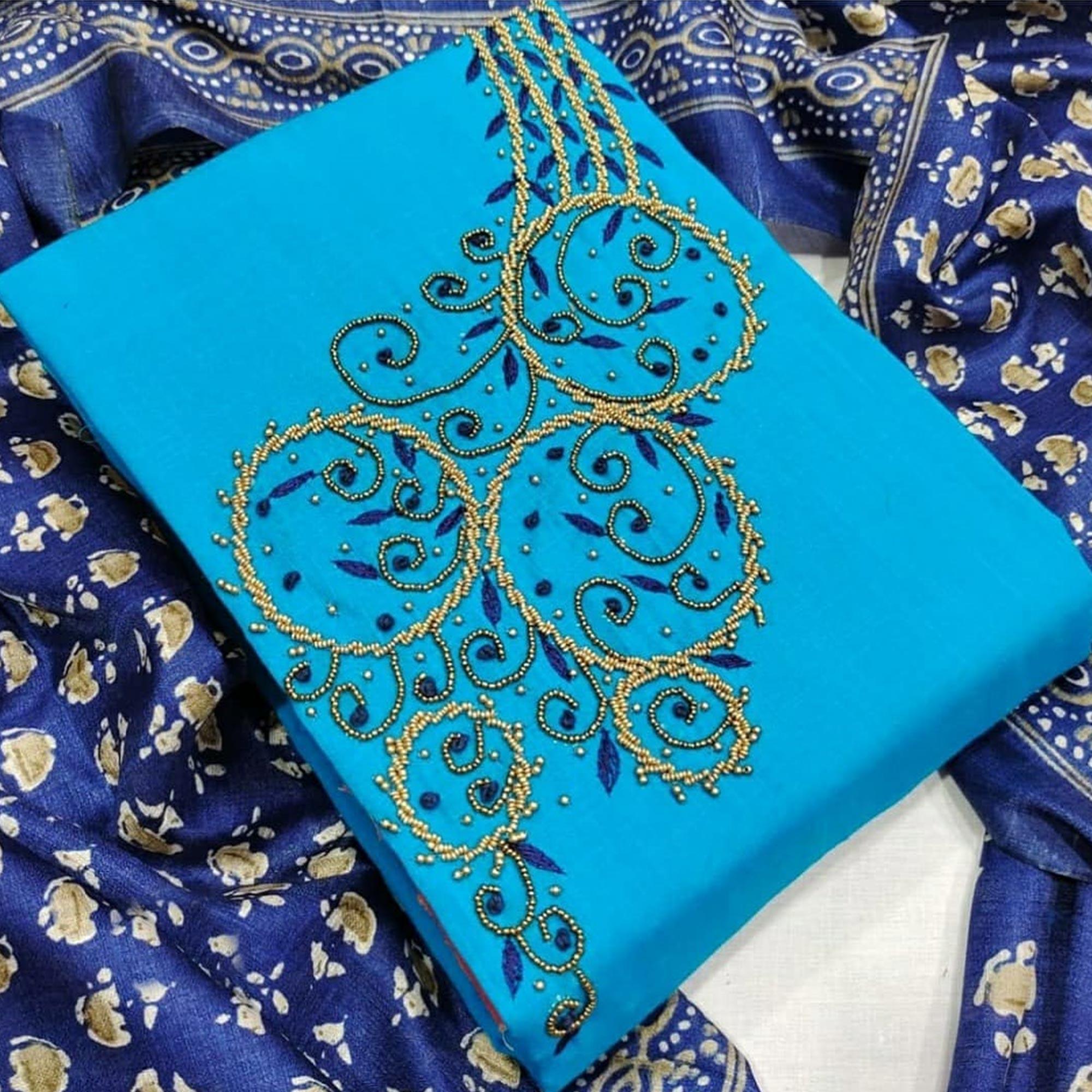 Capricious Firozi Colored Casual Wear Embroidered Modal Chanderi Dress Material - Peachmode