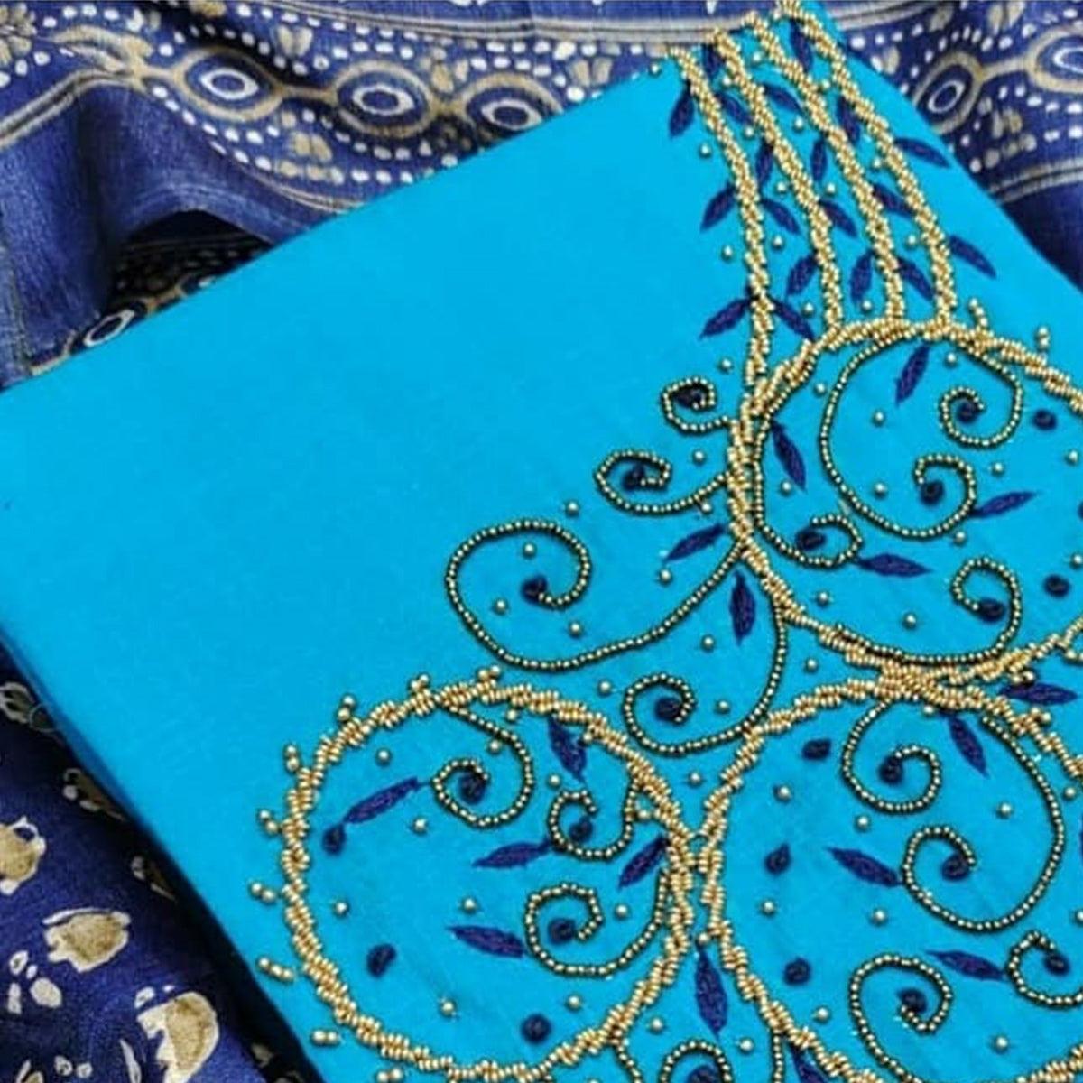 Capricious Firozi Colored Casual Wear Embroidered Modal Chanderi Dress Material - Peachmode