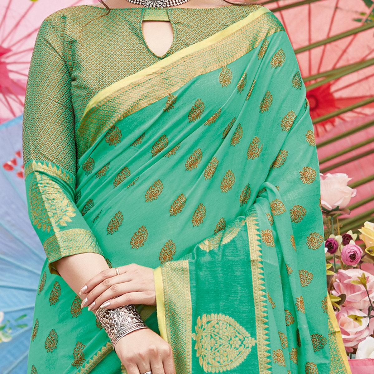 Capricious Green Coloured Festive Wear Woven Cotton Handloom Saree - Peachmode