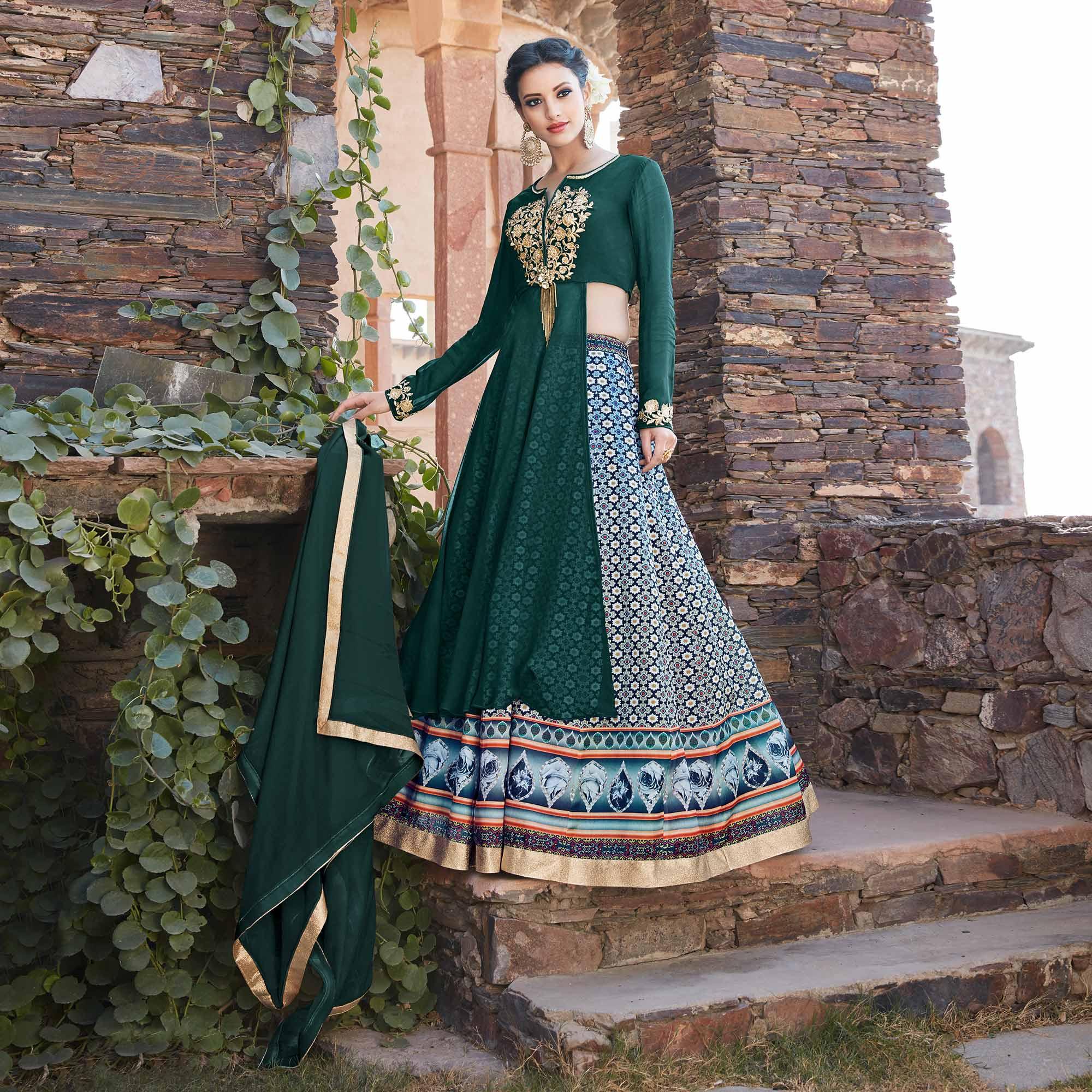 Capricious Green Designer Embroidered Partywear Georgette Lehenga Suit - Peachmode