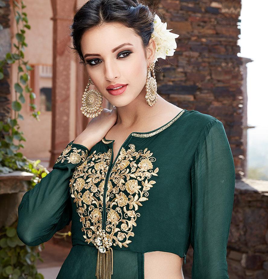 Capricious Green Designer Embroidered Partywear Georgette Lehenga Suit - Peachmode