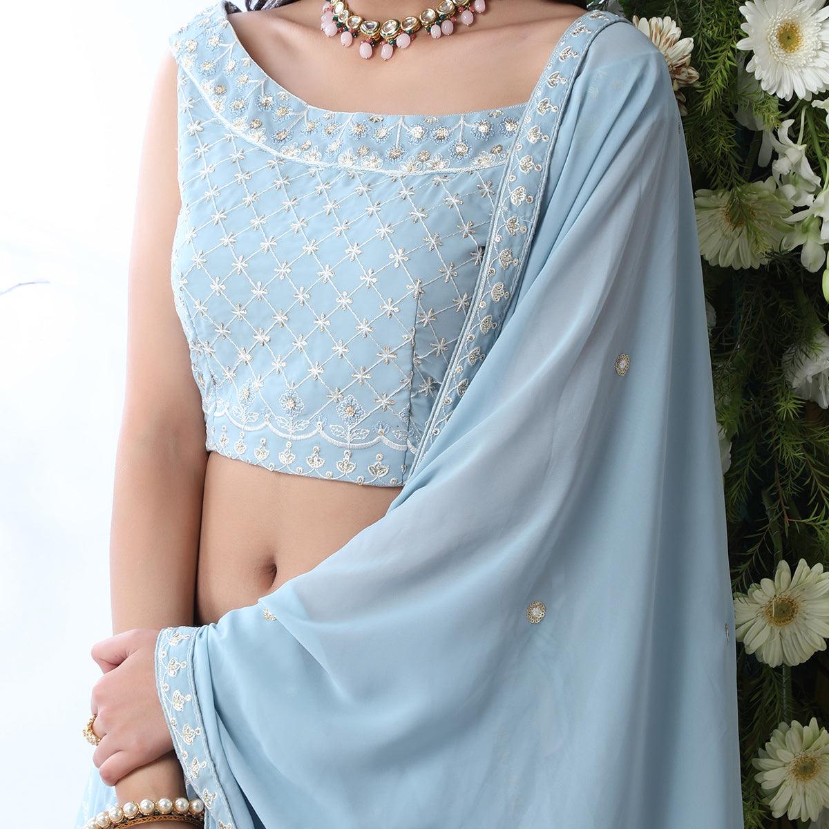 Capricious Light Blue Colored Party Wear Embroidered Georgette Legenga Choli - Peachmode