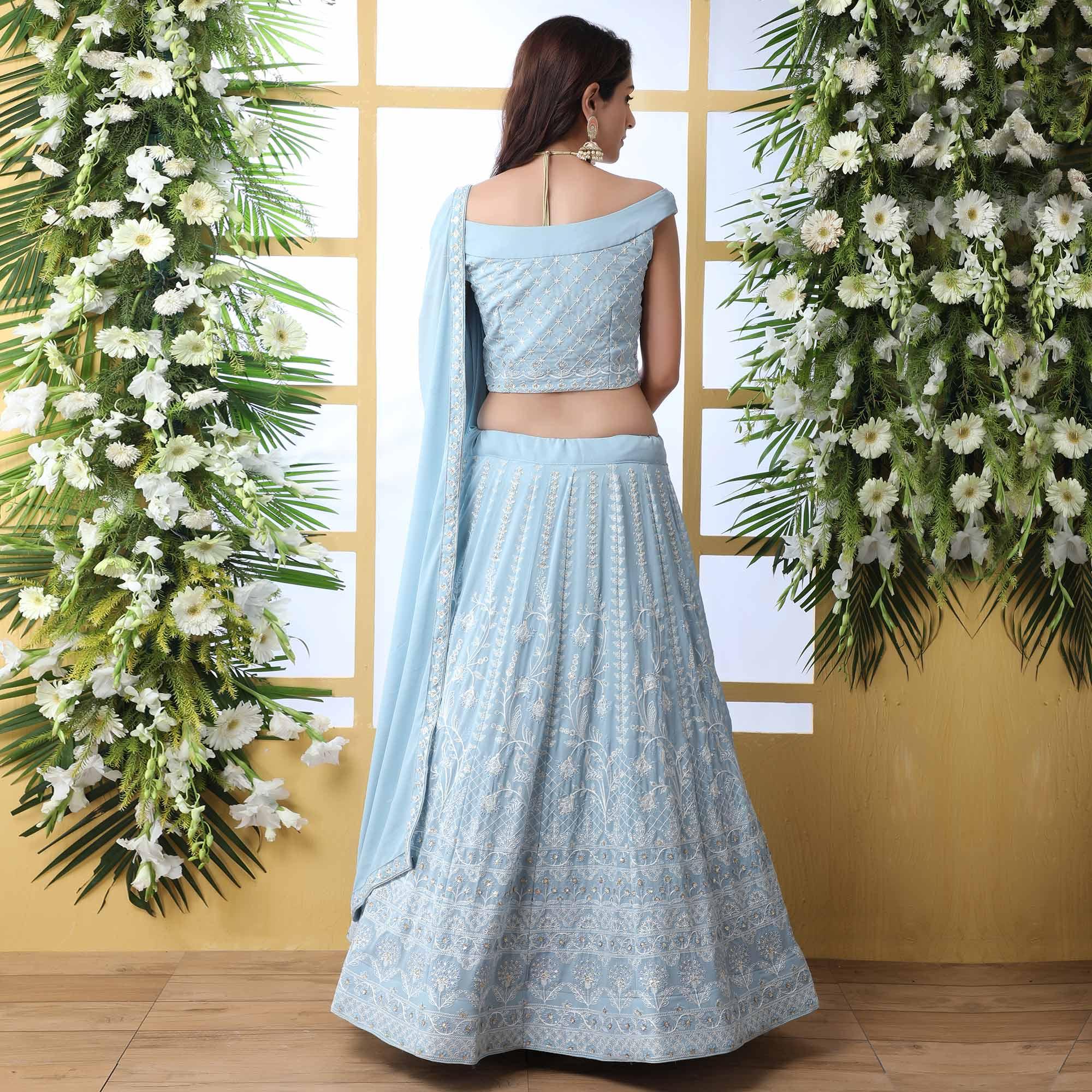 Capricious Light Blue Colored Party Wear Embroidered Georgette Legenga Choli - Peachmode
