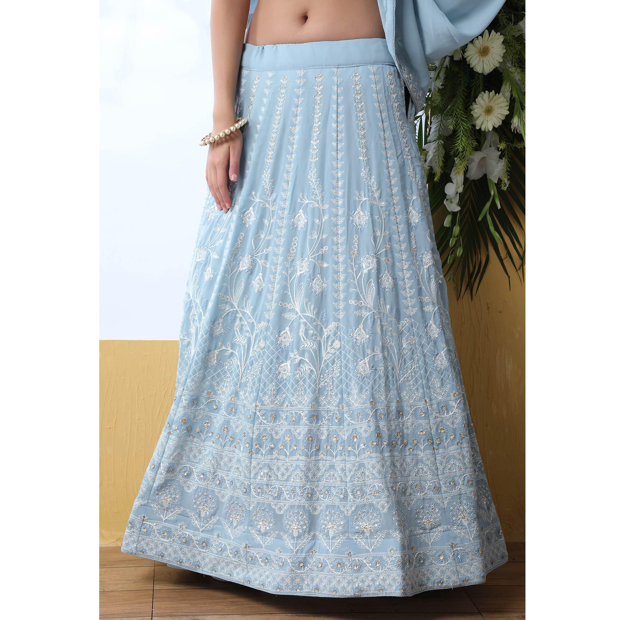 Capricious Light Blue Colored Party Wear Embroidered Georgette Legenga Choli - Peachmode