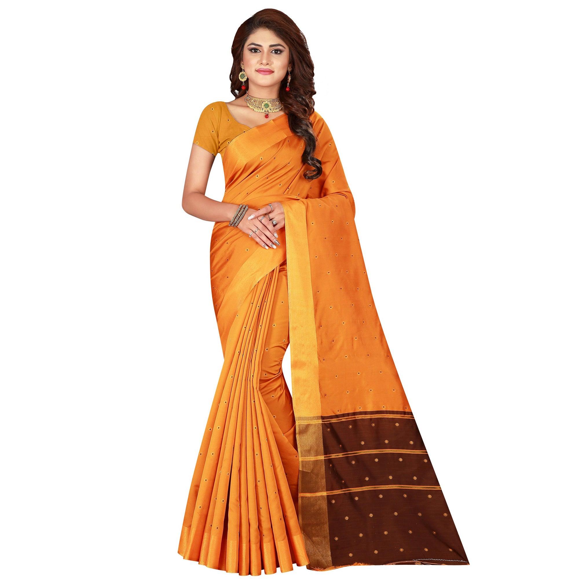 Capricious Light Orange Colored Festive Wear Woven Cotton Silk Saree - Peachmode