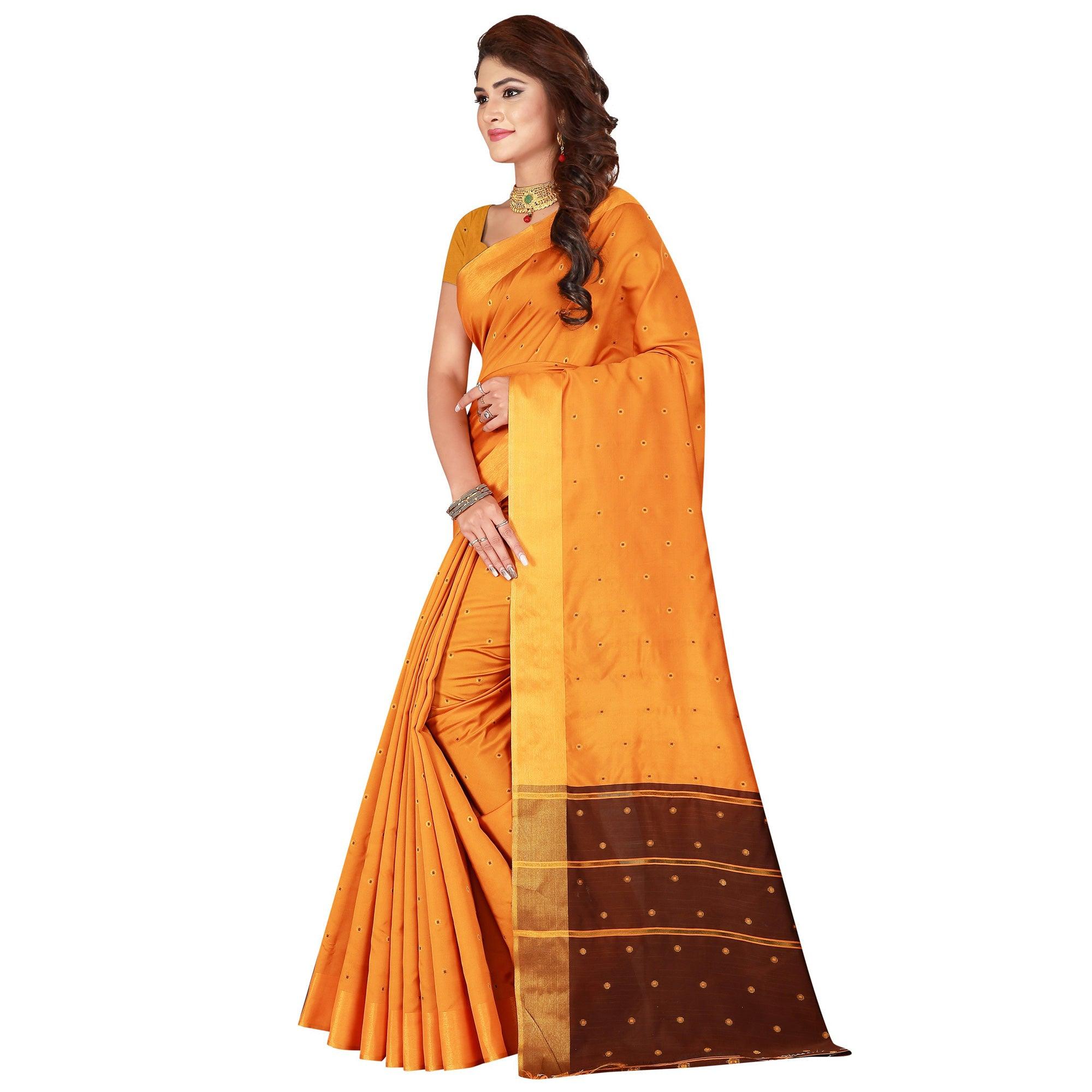 Capricious Light Orange Colored Festive Wear Woven Cotton Silk Saree - Peachmode