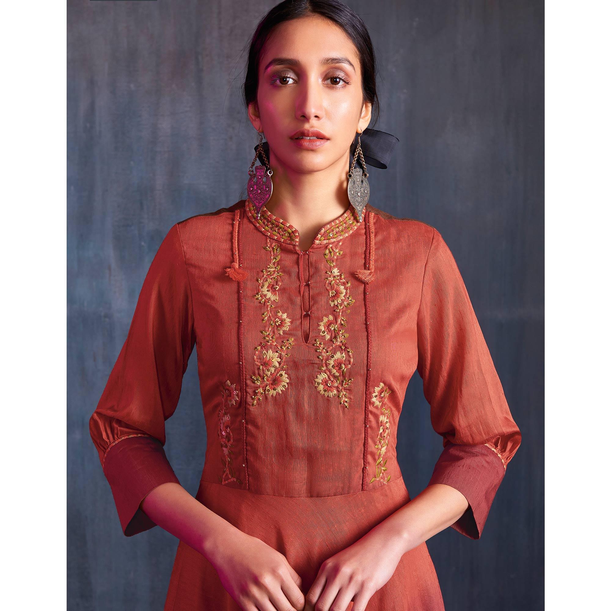 Capricious Maroon Colored Partywear Embroidered Viscose Gown - Peachmode