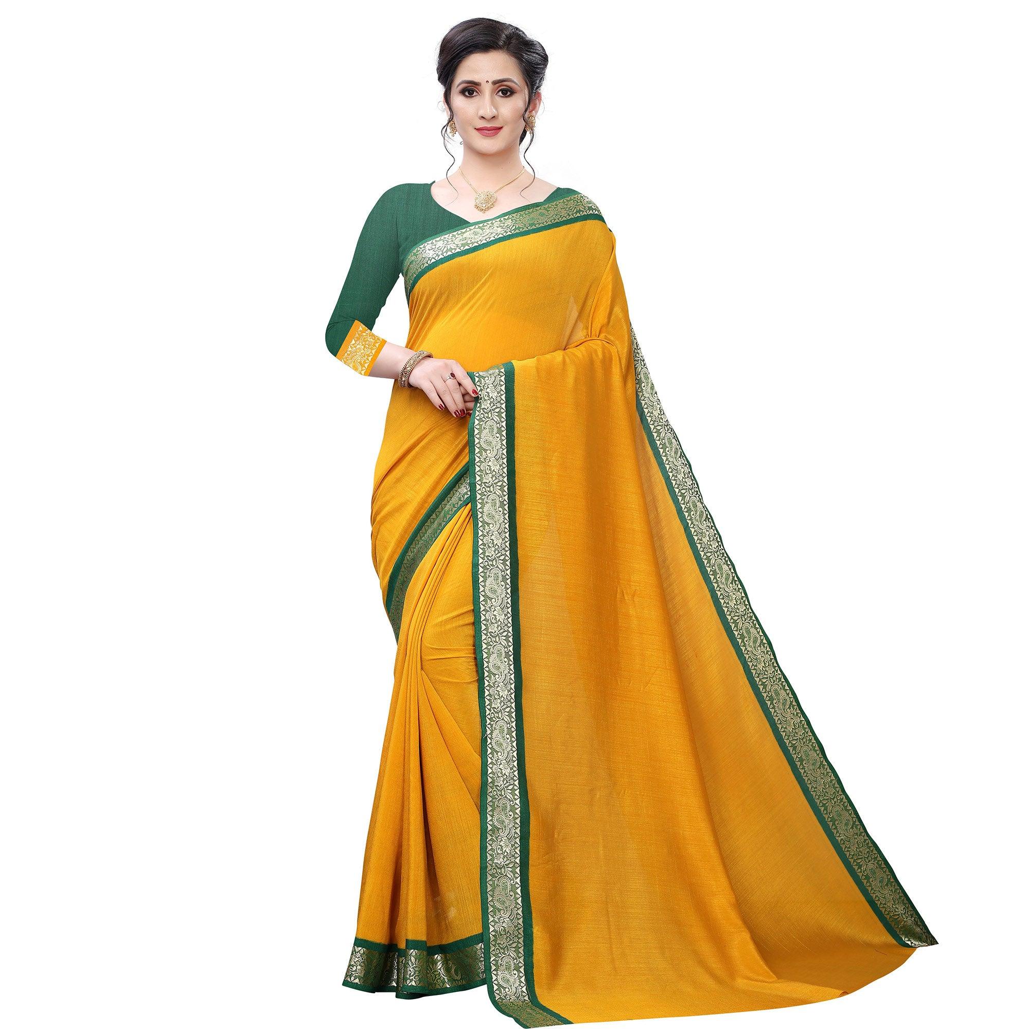 Capricious Mustard Yellow Colored Festive Wear Woven Vichitra Silk Saree - Peachmode