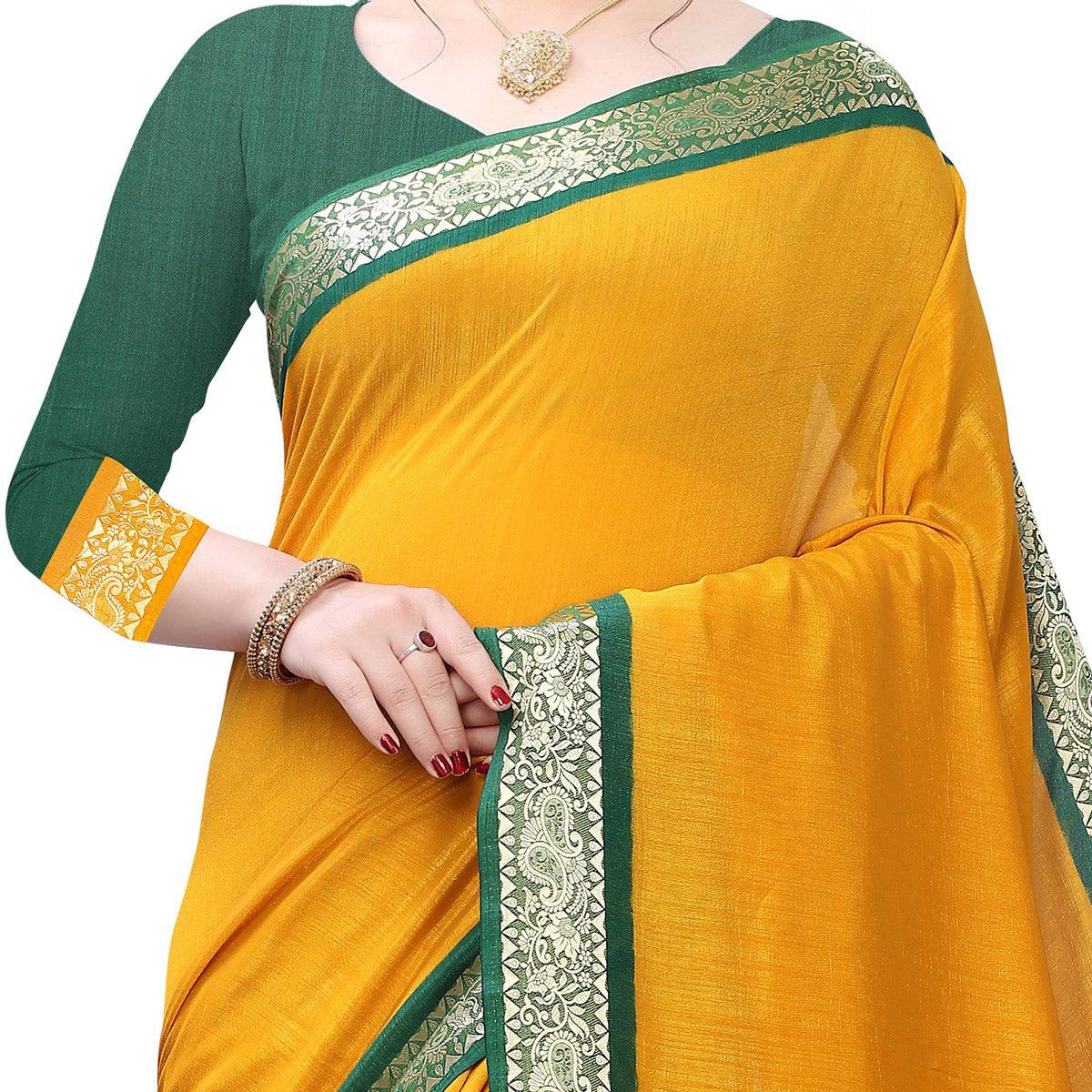 Capricious Mustard Yellow Colored Festive Wear Woven Vichitra Silk Saree - Peachmode