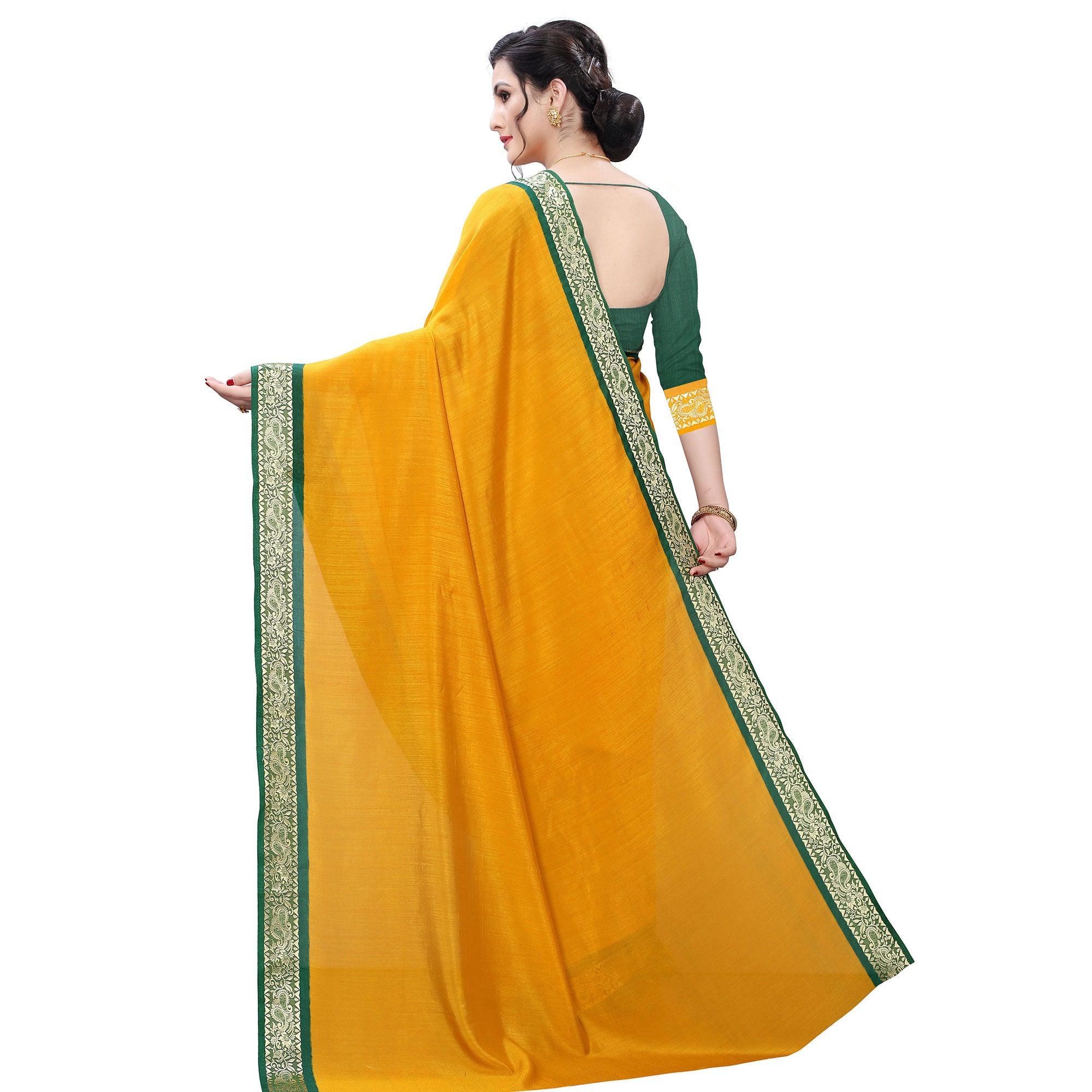 Capricious Mustard Yellow Colored Festive Wear Woven Vichitra Silk Saree - Peachmode