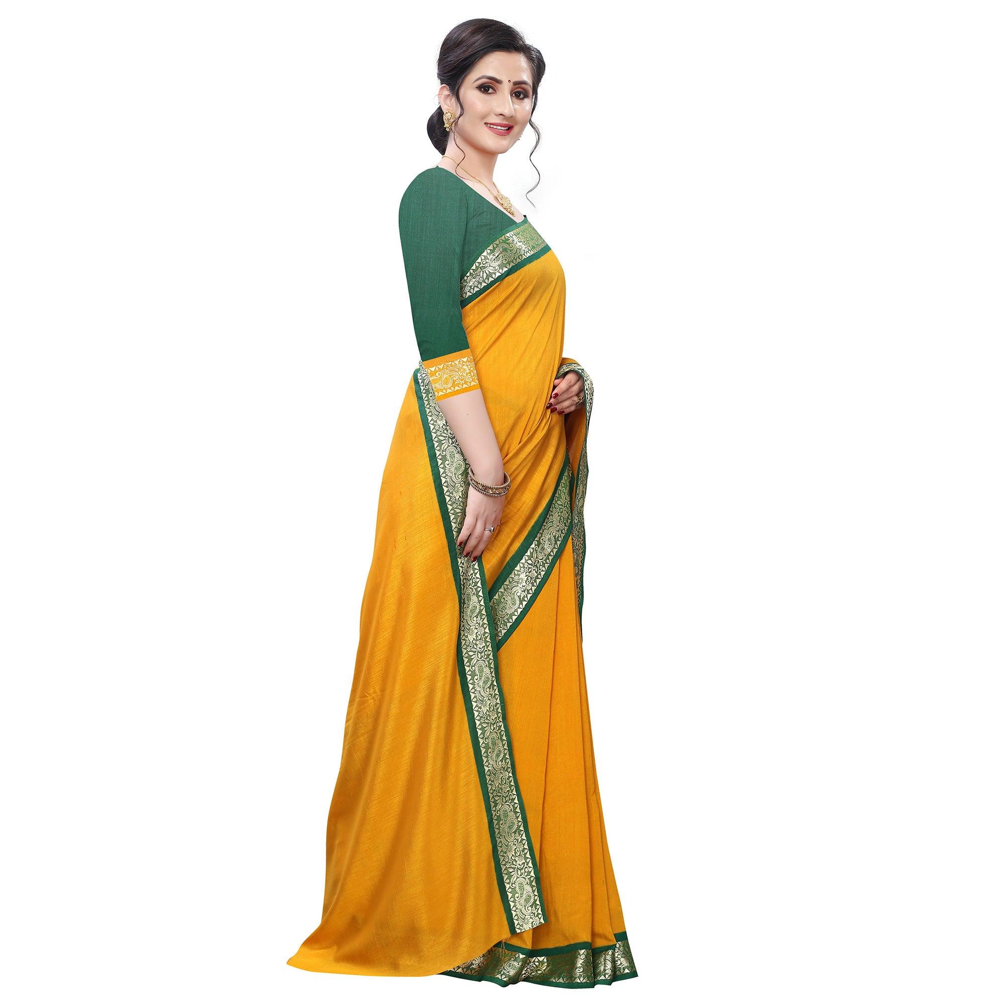 Capricious Mustard Yellow Colored Festive Wear Woven Vichitra Silk Saree - Peachmode