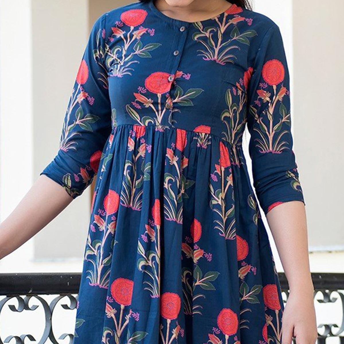 Capricious Navy Blue Colored Casual Printed Muslin Blend Gown - Peachmode