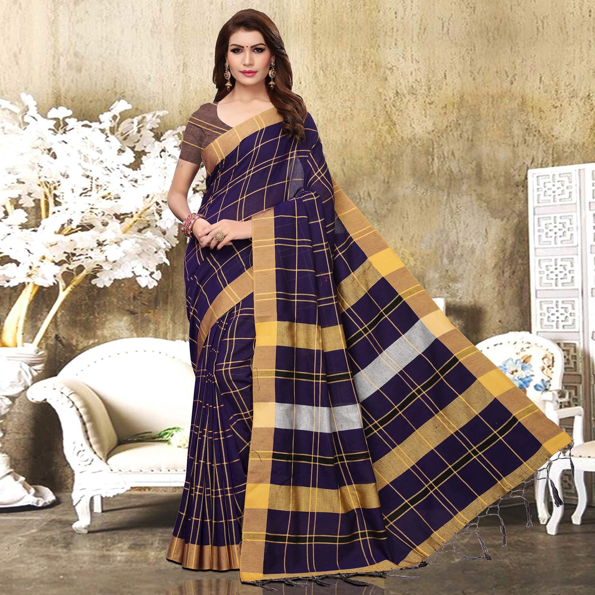 Capricious Navy Blue Colored Festive Wear Checks Print Pure Linen Saree - Peachmode