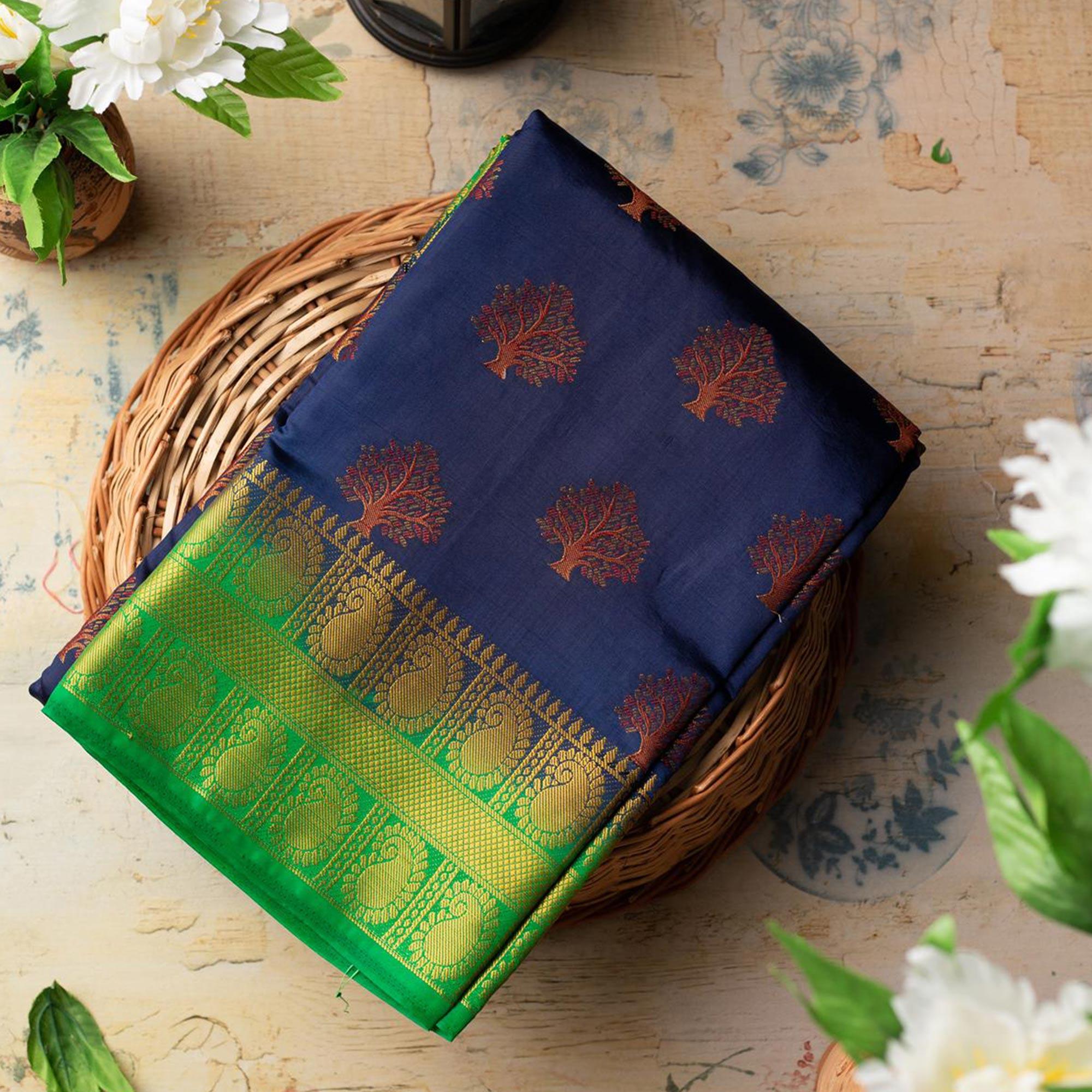 Capricious Navy Blue Colored Festive Wear Woven Art Silk Saree - Peachmode