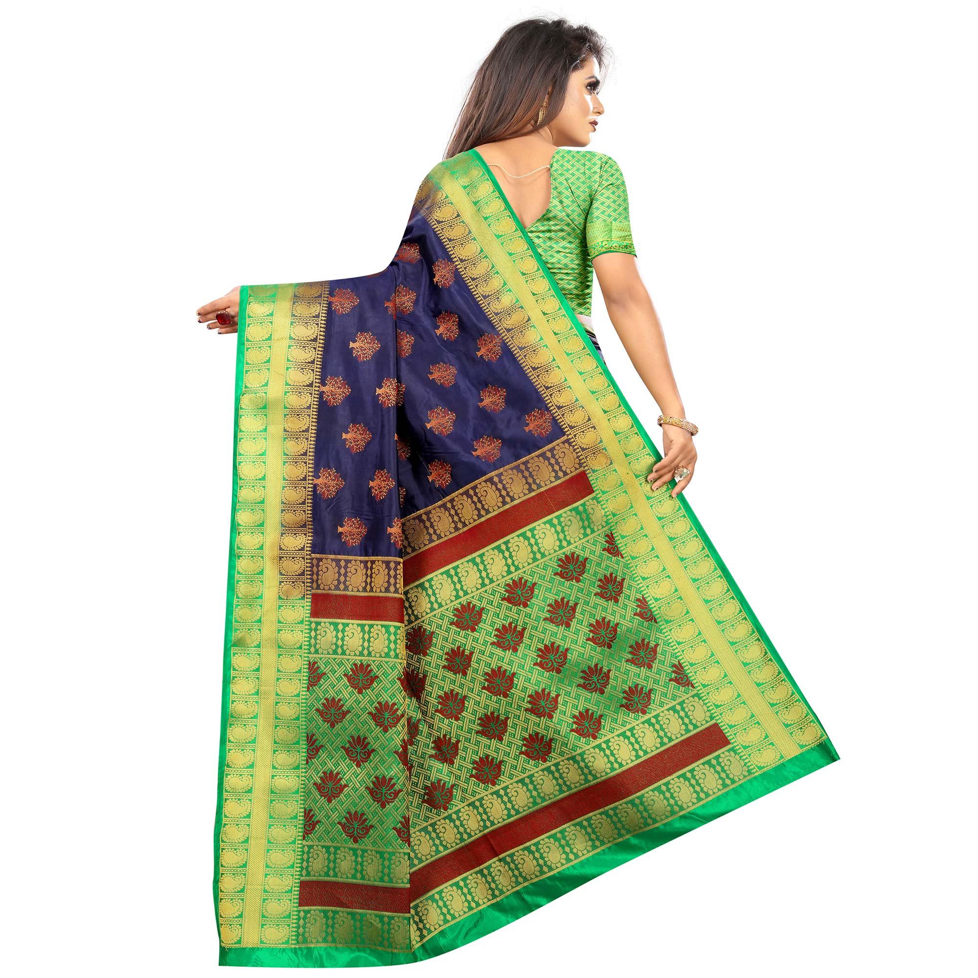 Capricious Navy Blue Colored Festive Wear Woven Art Silk Saree - Peachmode
