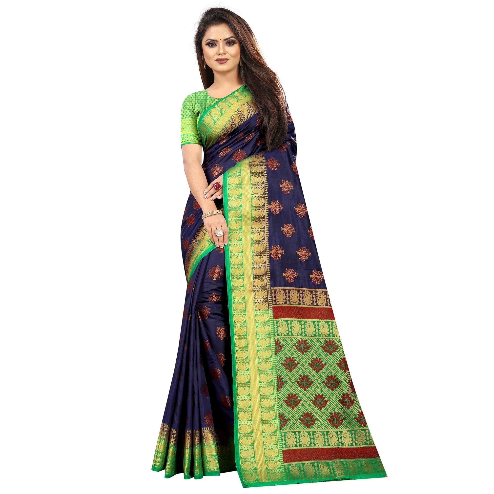 Capricious Navy Blue Colored Festive Wear Woven Art Silk Saree - Peachmode