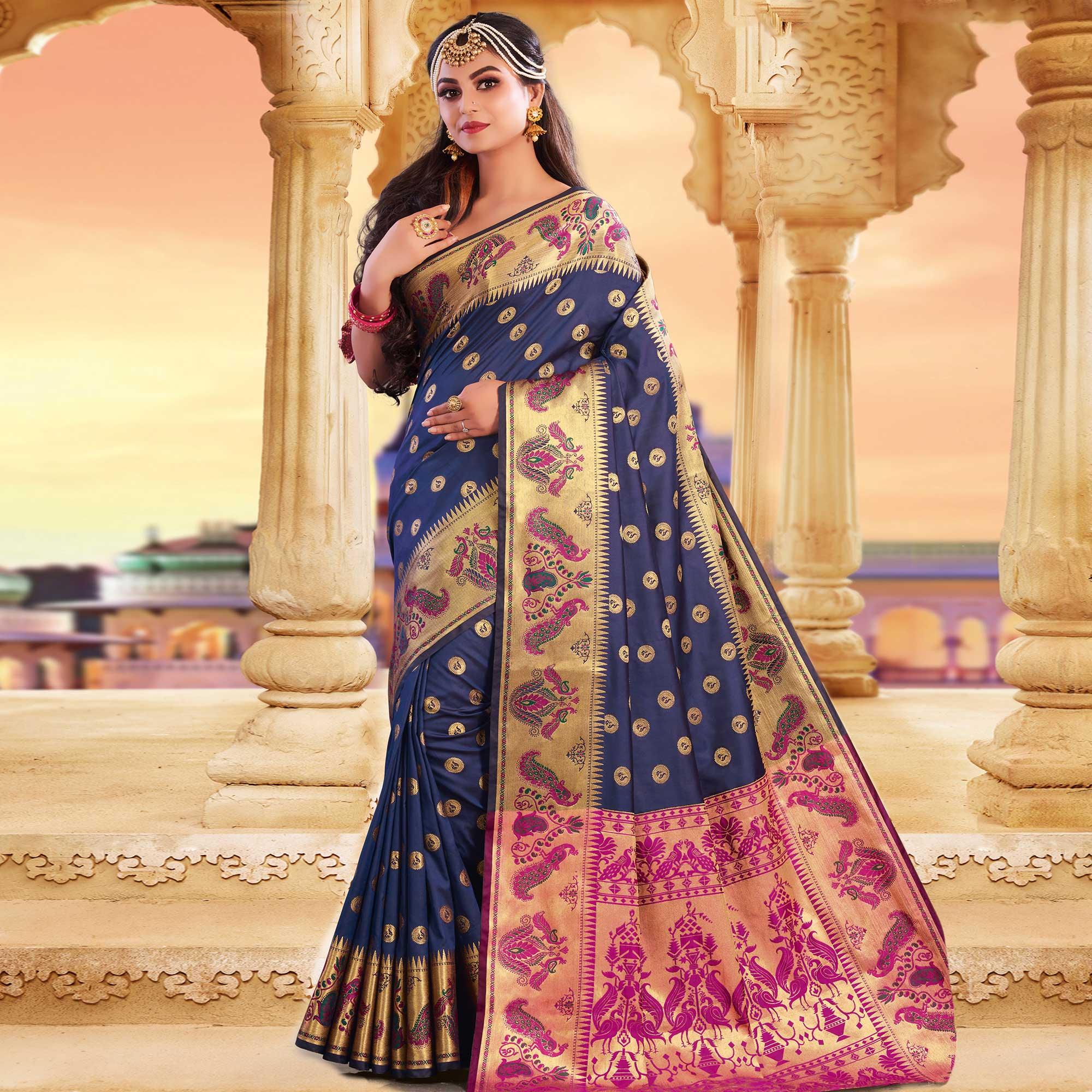 Capricious Navy Blue Colored Festive Wear Woven Silk Saree - Peachmode