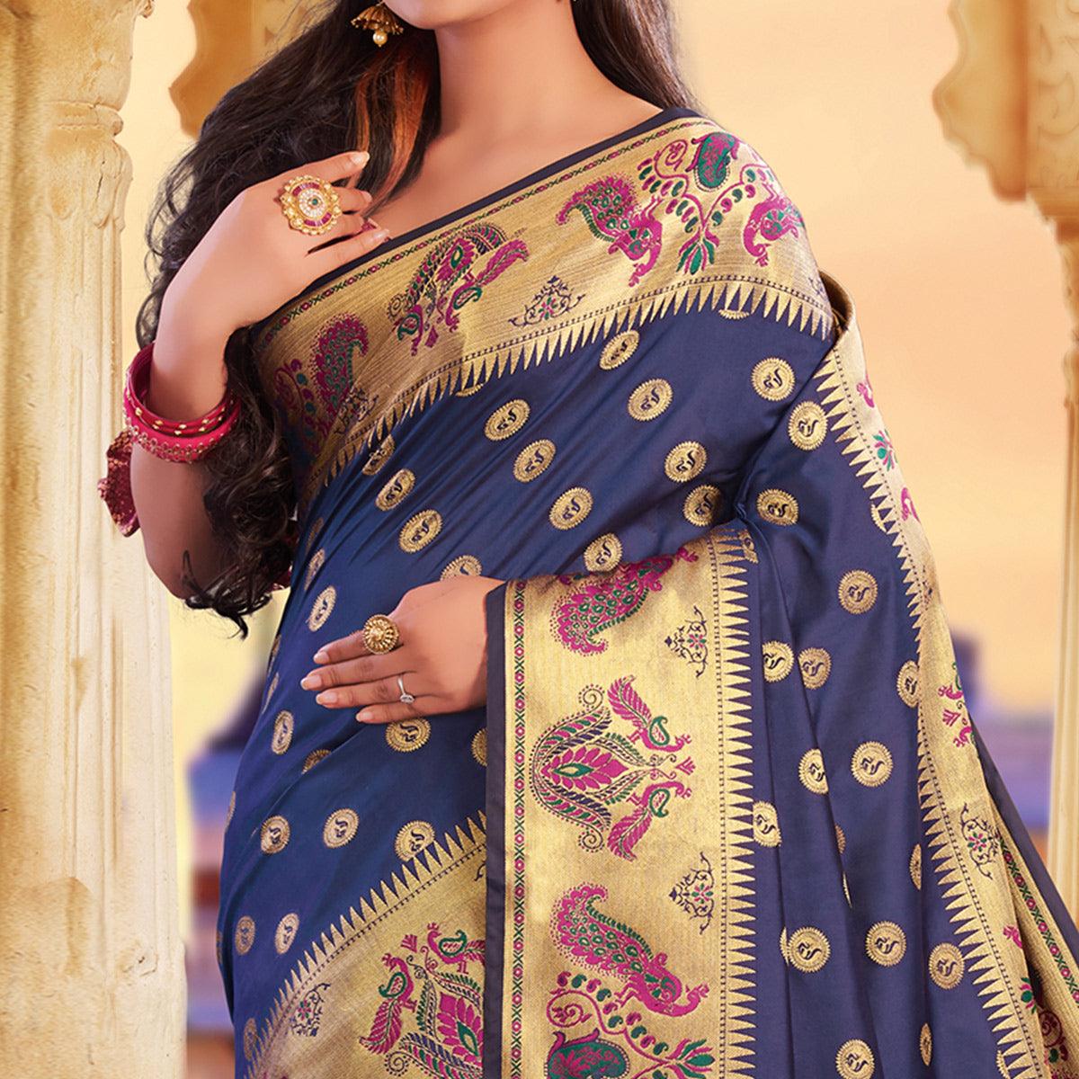 Capricious Navy Blue Colored Festive Wear Woven Silk Saree - Peachmode